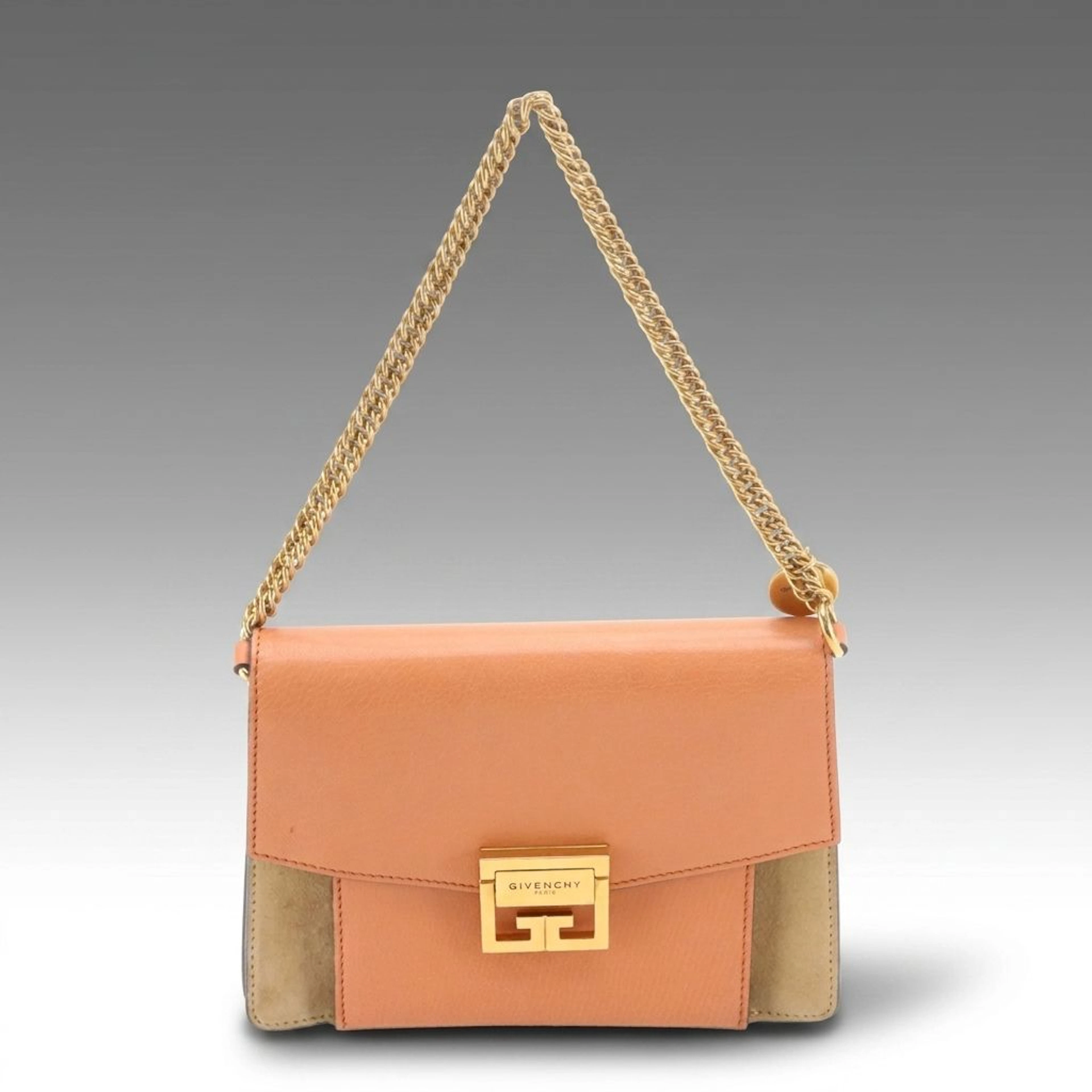 Givenchy GV3 Flap Shoulder Bag in Coral Leather and Tan Suede with Chain Strap