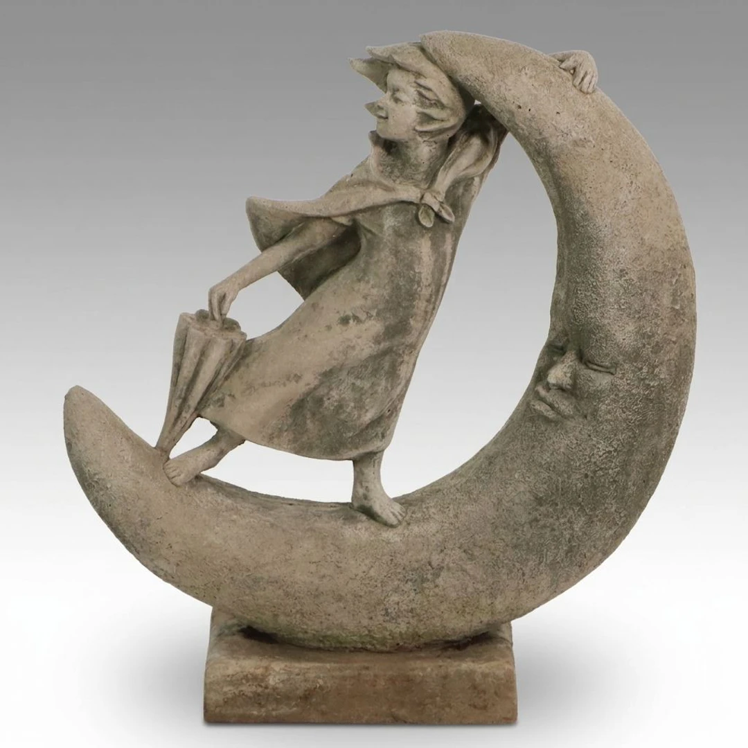 Cast Concrete Girl with Umbrella on Crescent Moon Garden Statue