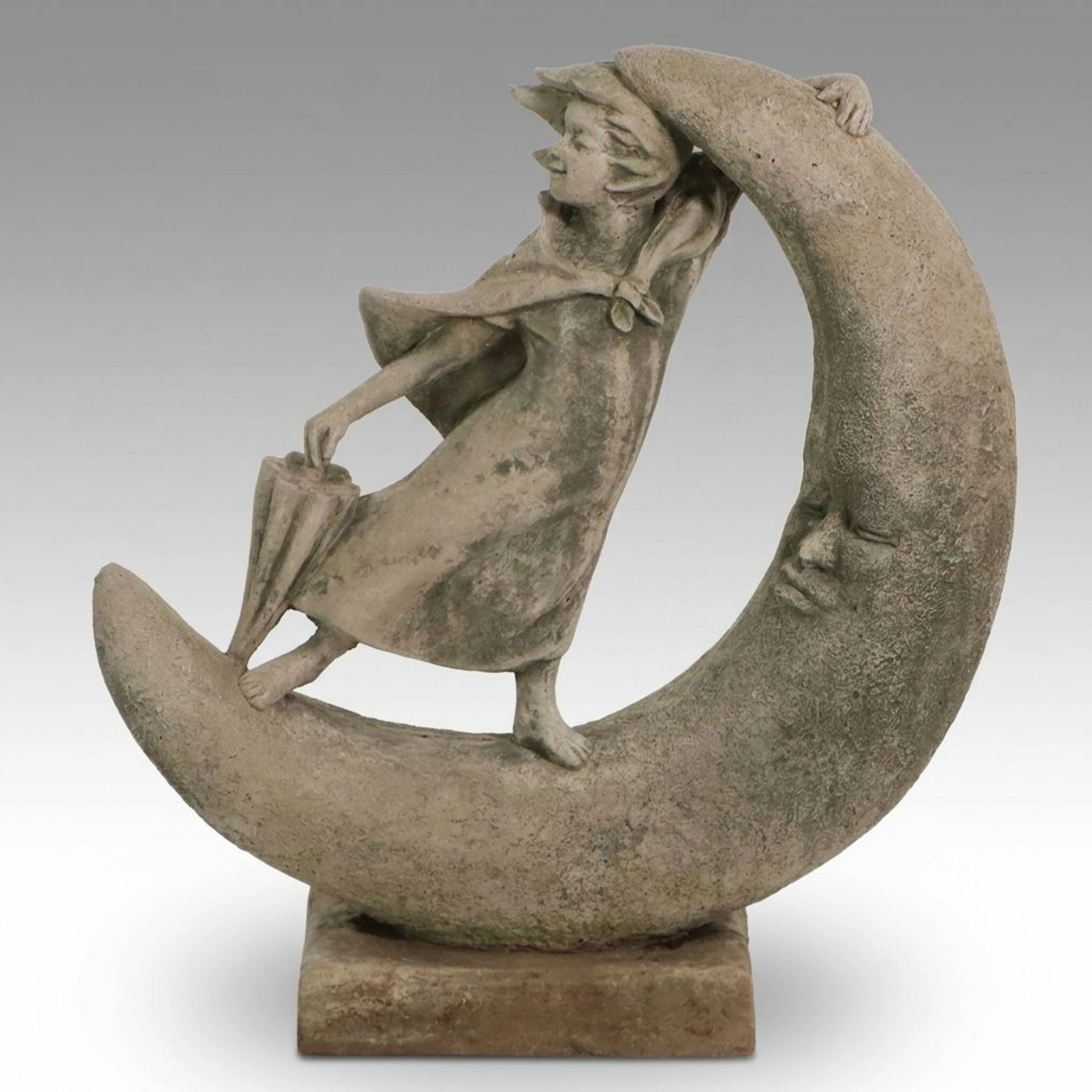 Cast Concrete Girl with Umbrella on Crescent Moon Garden Statue