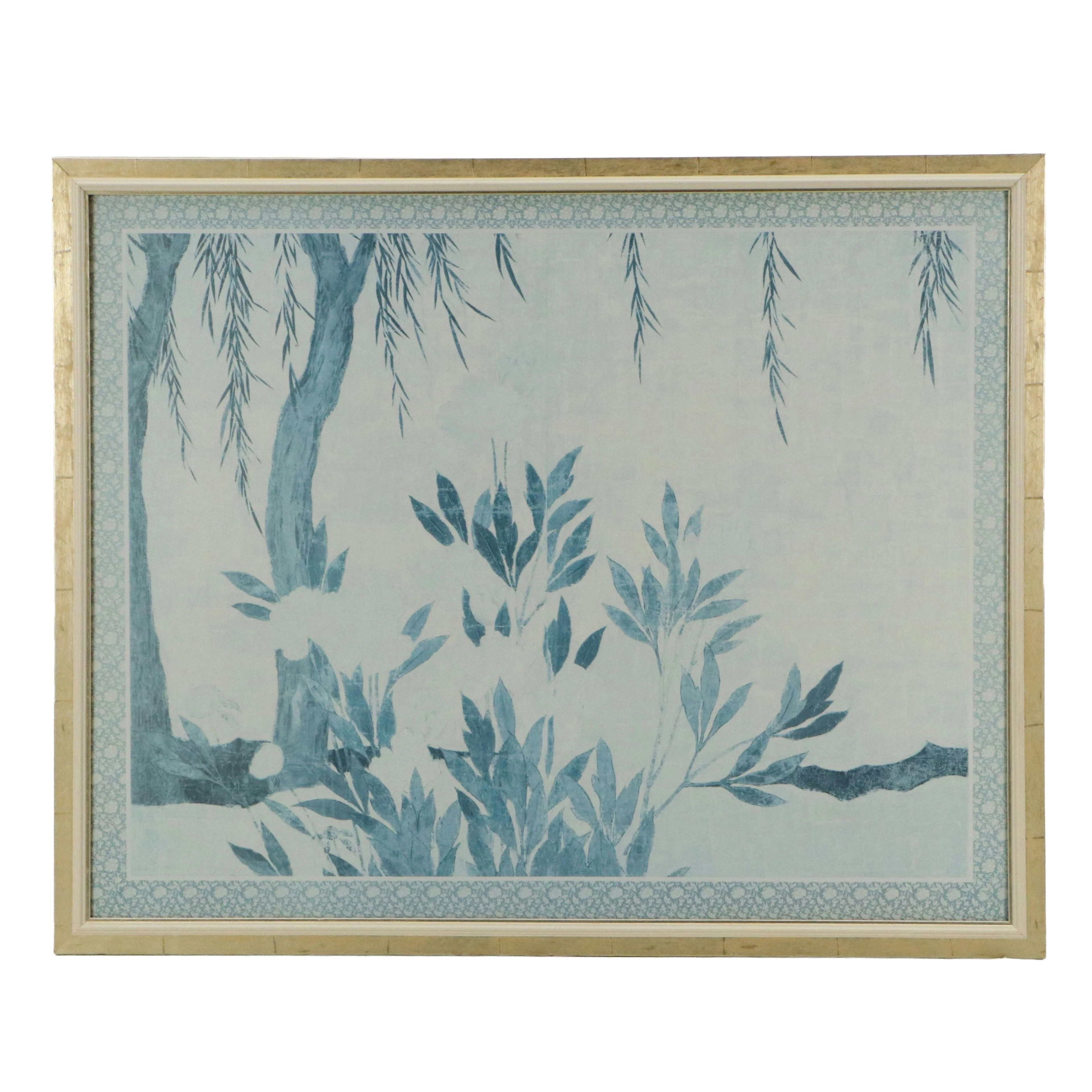 Stylized Halftone Print of Abstracted Botanical Landscape