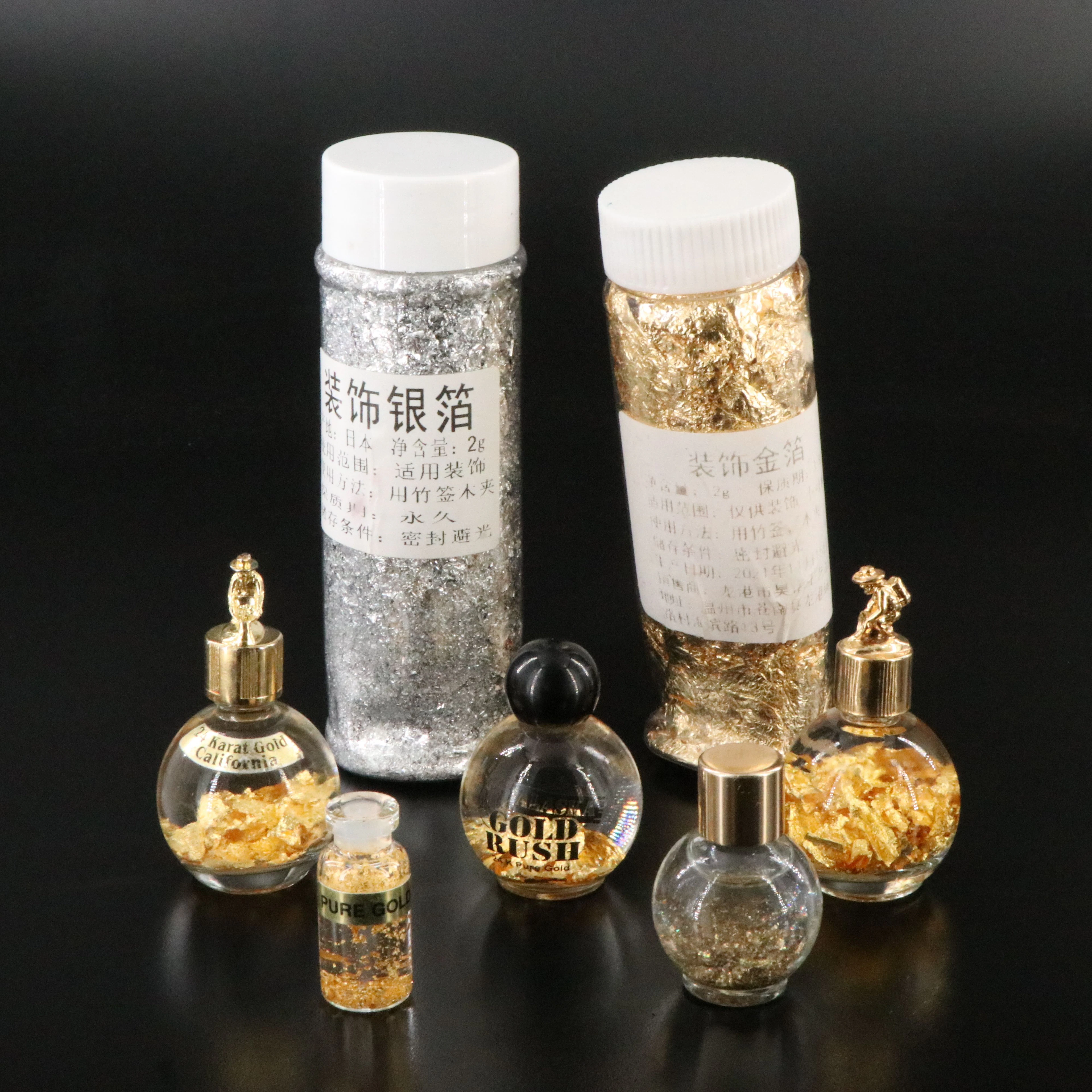 Souvenir Gold Flake Bottles and Loose Gold and Silver Tone Flakes