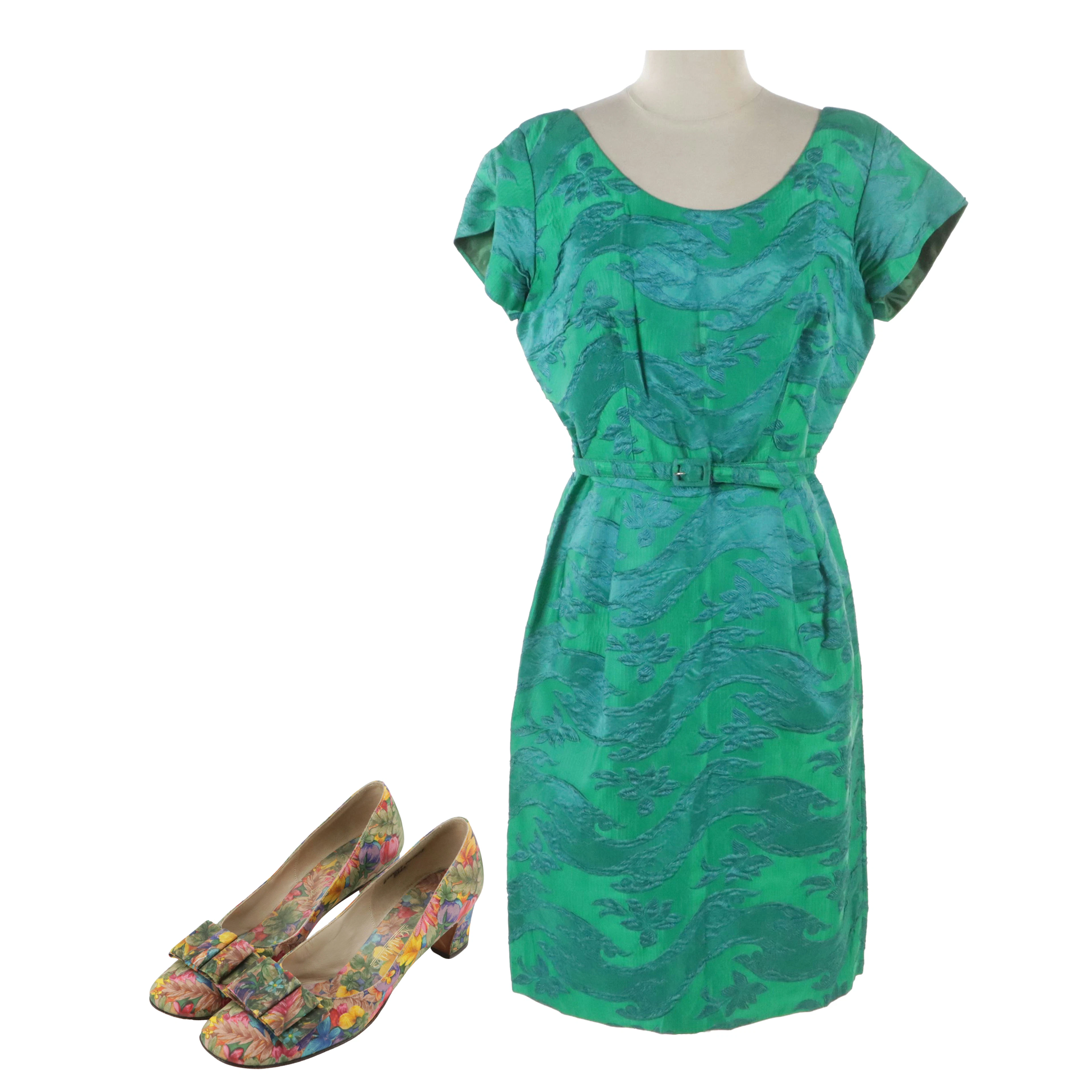 1960s Cocktail Dress in Green/Blue Brocade with John Jerro Floral Pumps
