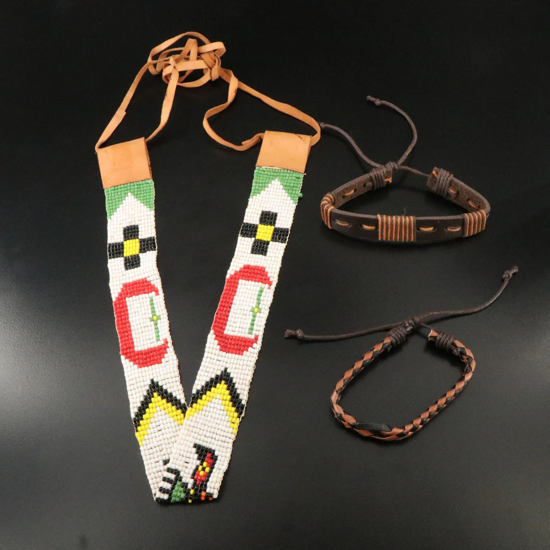 Woven Seed Bead Necklace and Leather Bracelets