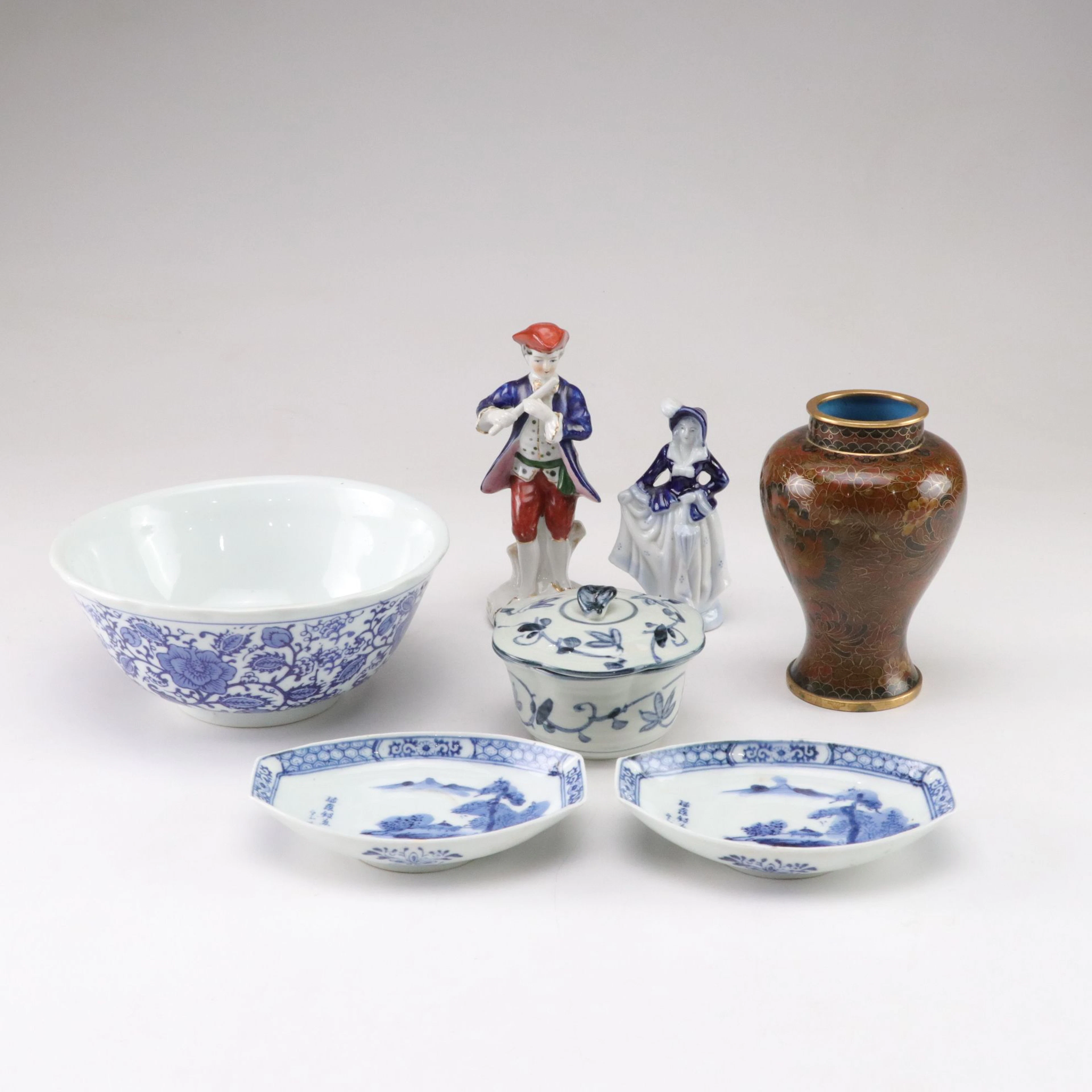 Occupied Japan Hand-Painted Figurines with Cloisonné Vase and Porcelain Dishes