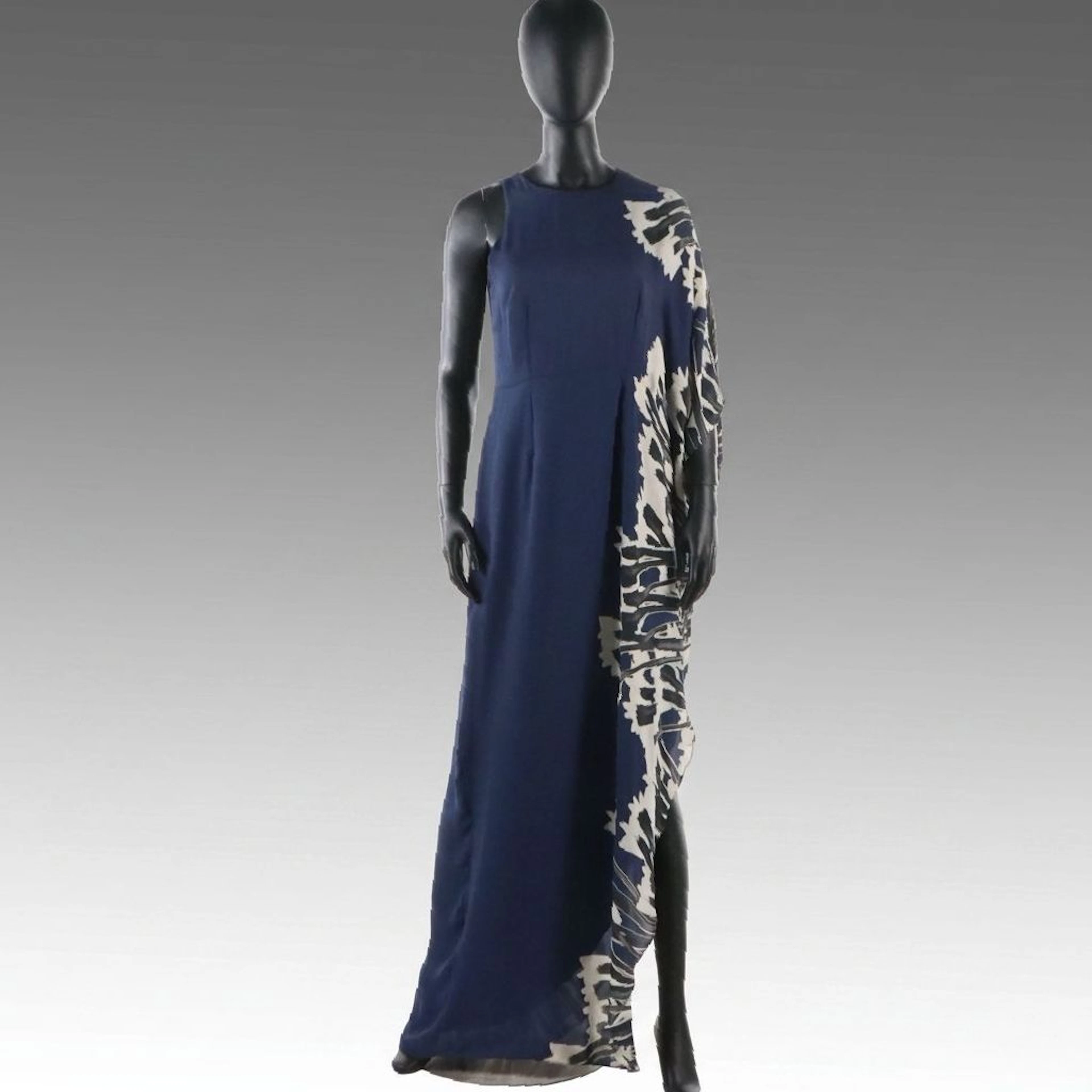 Halston Single Draped Sleeve Maxi Dress in Navy Blue and White Floral Print