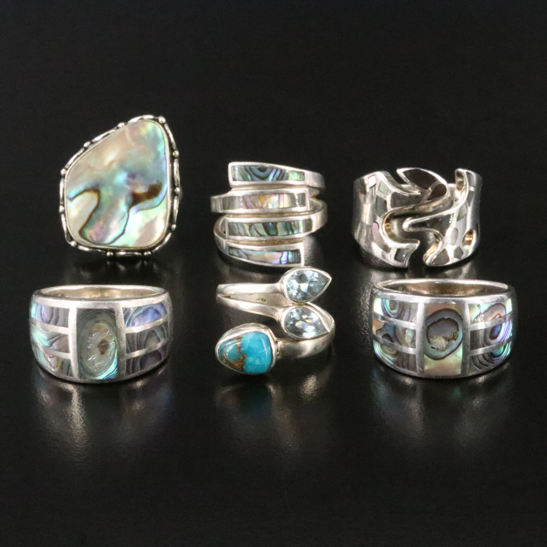 Sterling Abalone, Blue Topaz, and Turquoise Ring Collection