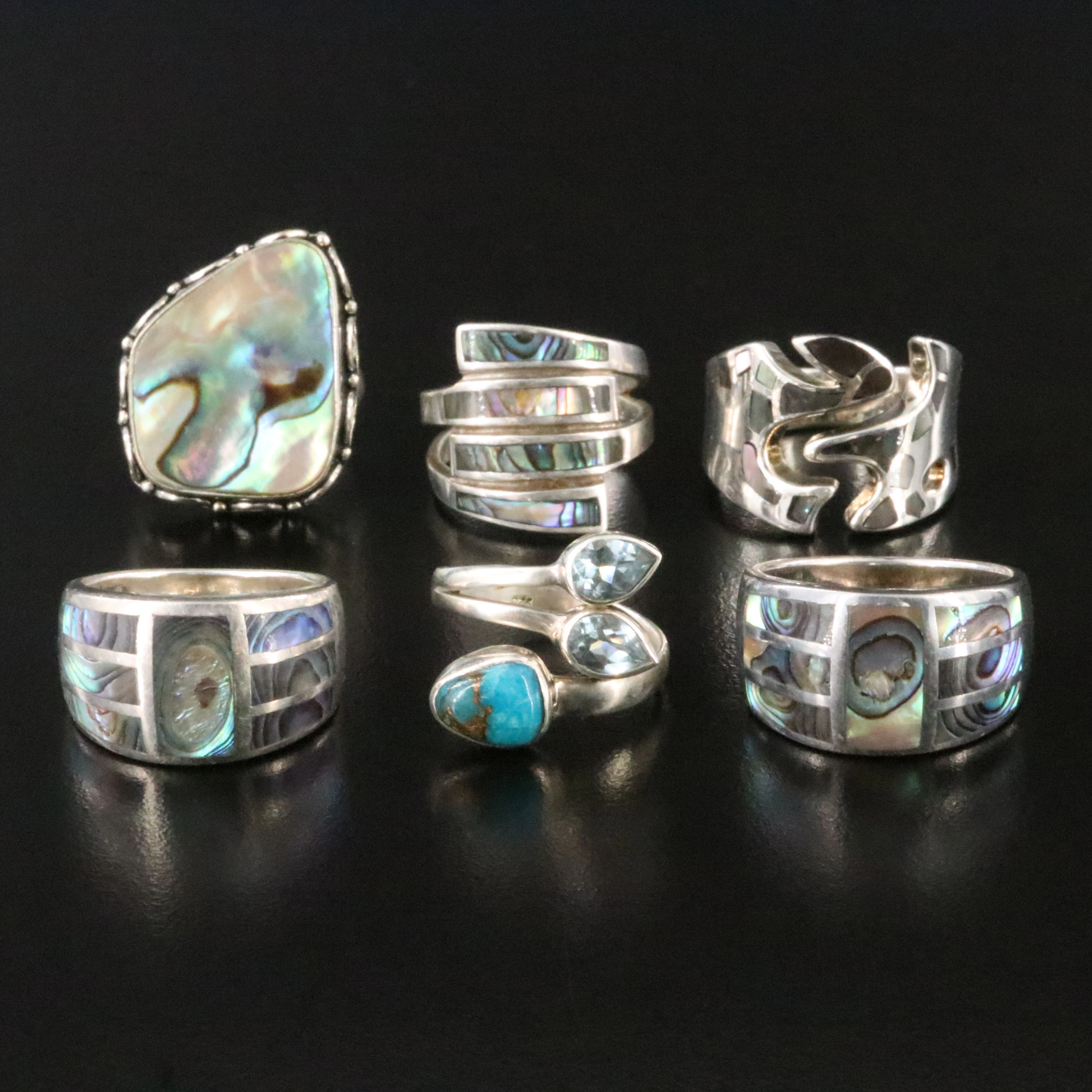 Sterling Abalone, Blue Topaz, and Turquoise Ring Collection