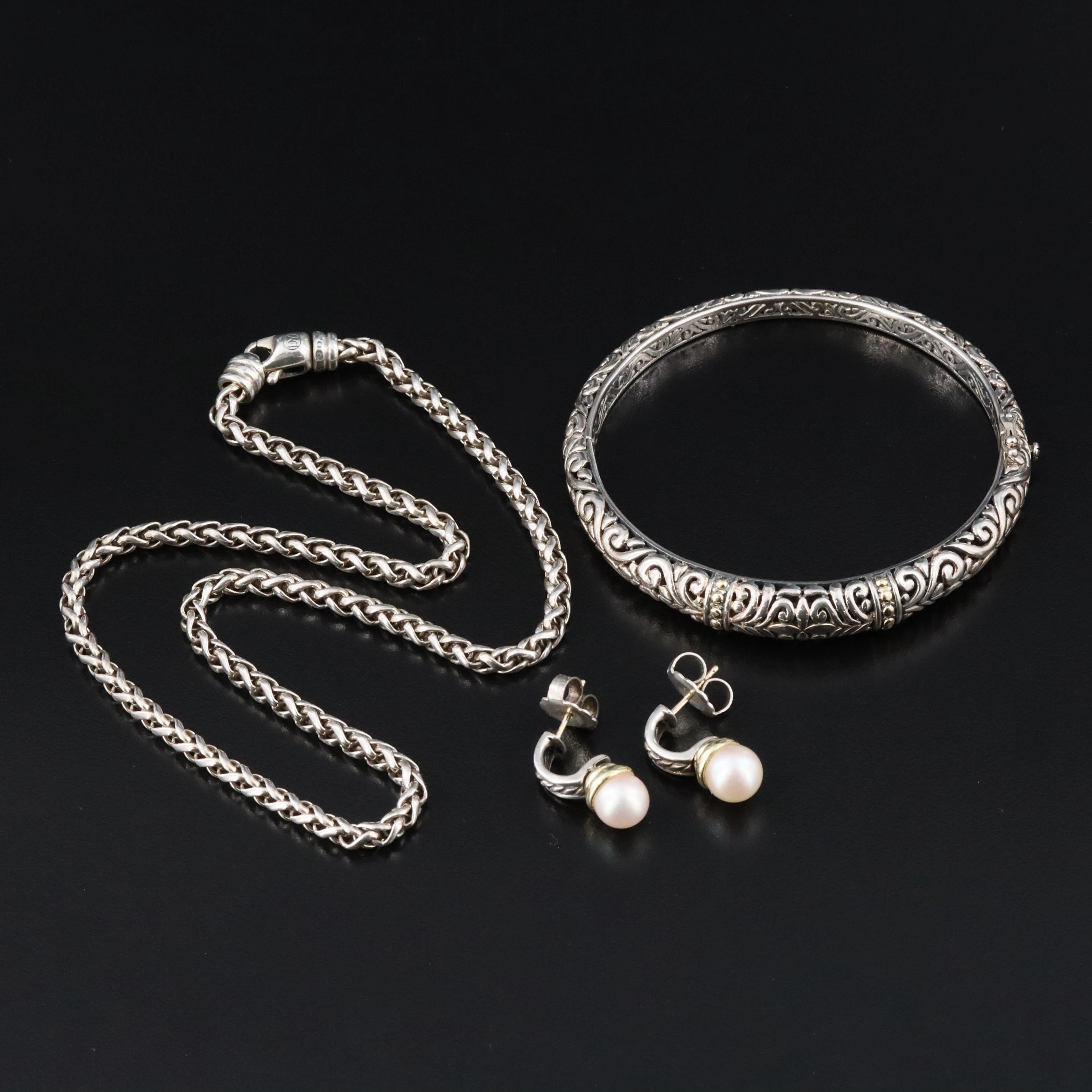 David Yurman Sterling Hampton Pearl Earrings, Wheat Chain & Effy Hinged