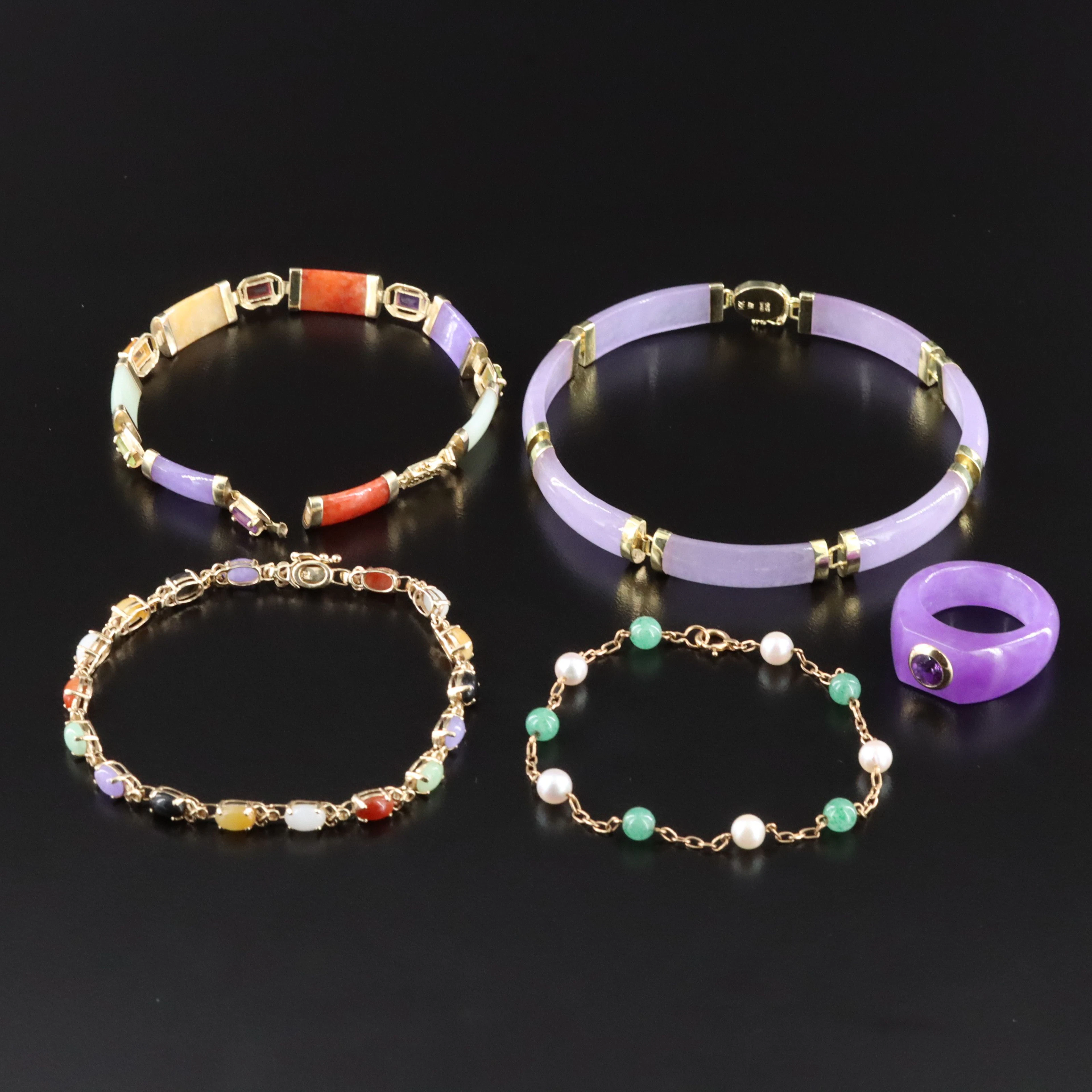 14K and 18K Bracelets and Ring Including Jadeite, Aventurine and Pearl