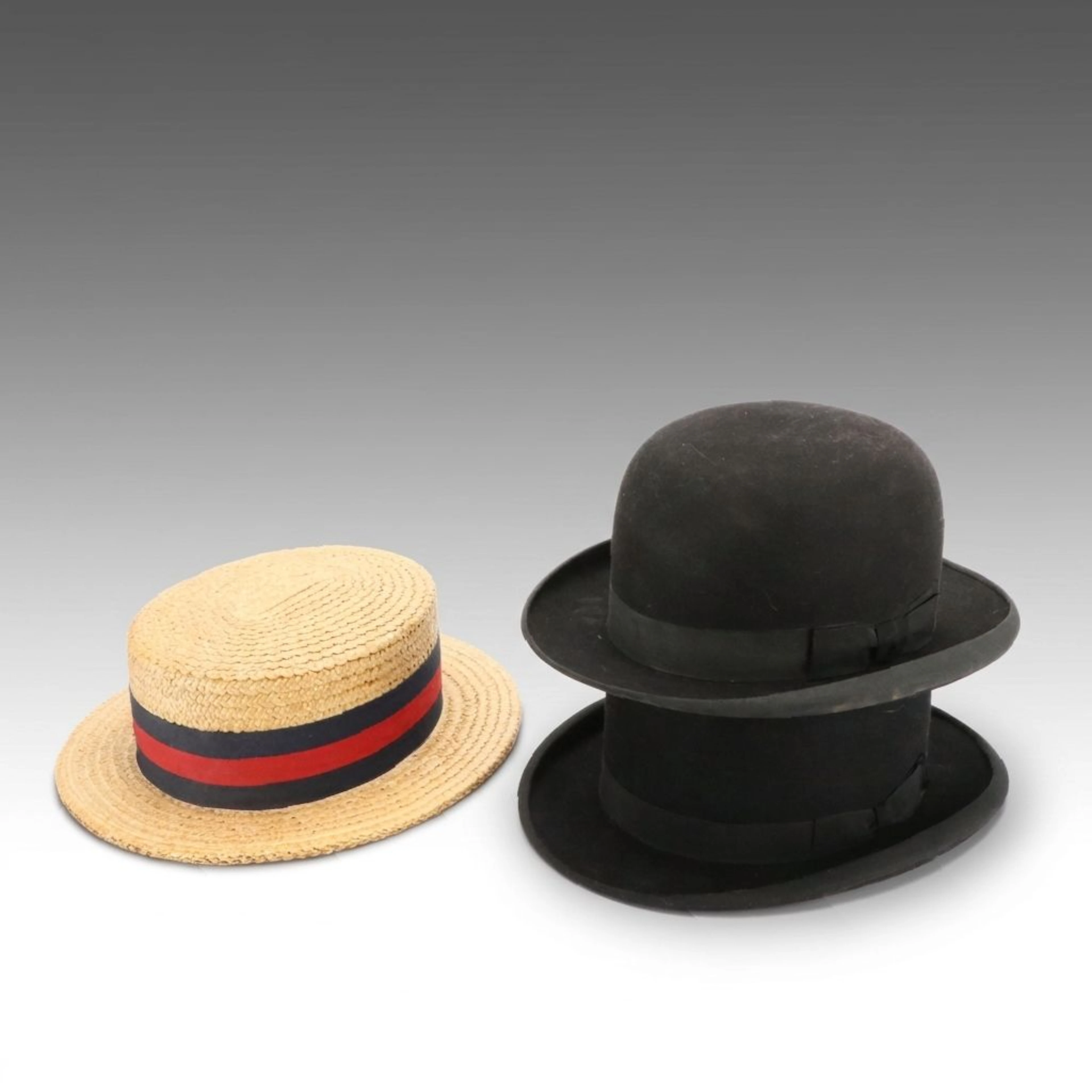 Italian Straw Boater Hat with Austrian and American Bowler Hats, Hat Box