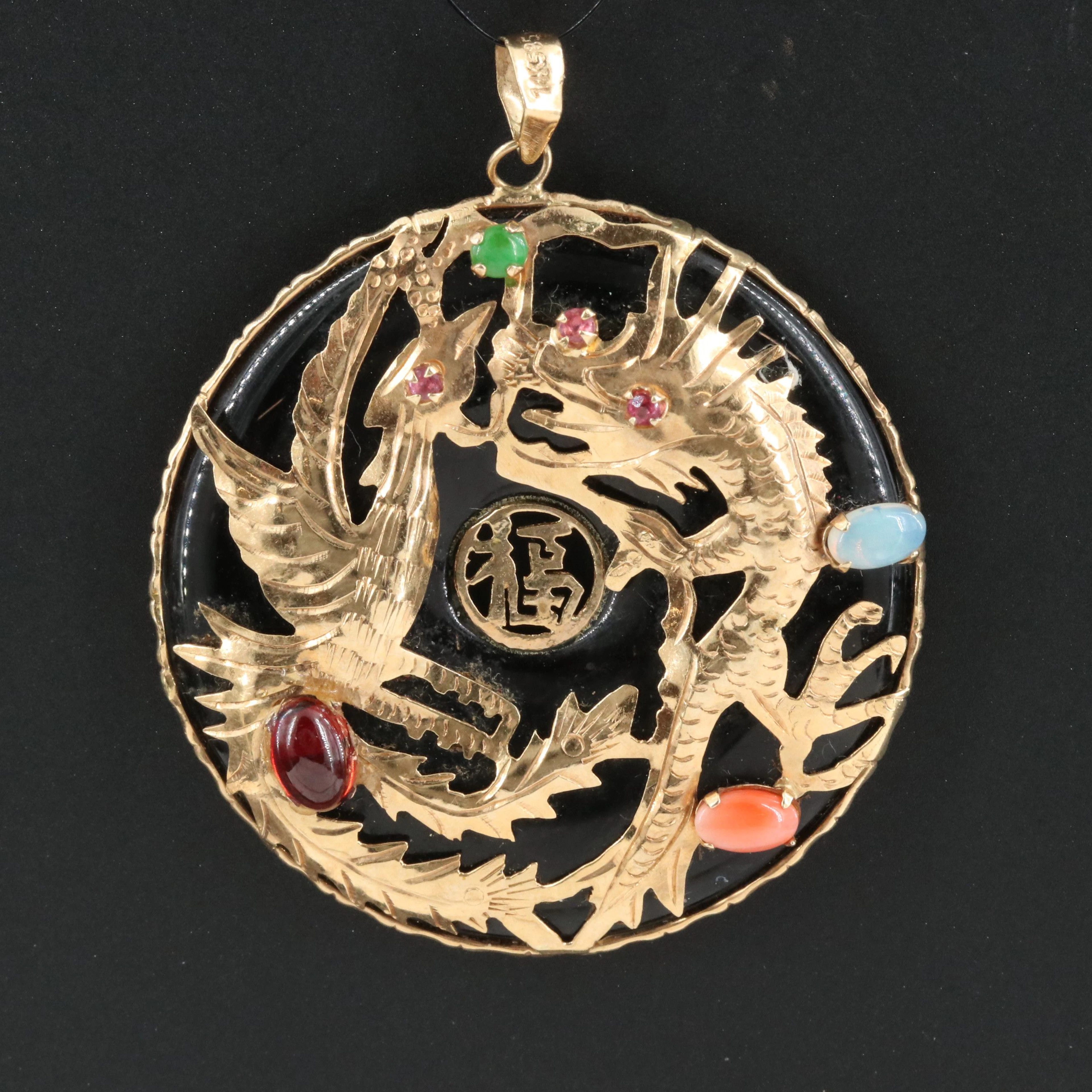 14K Black Onyx and Multi-Gemstone Dragon Phoenix Luck Bi Pendant