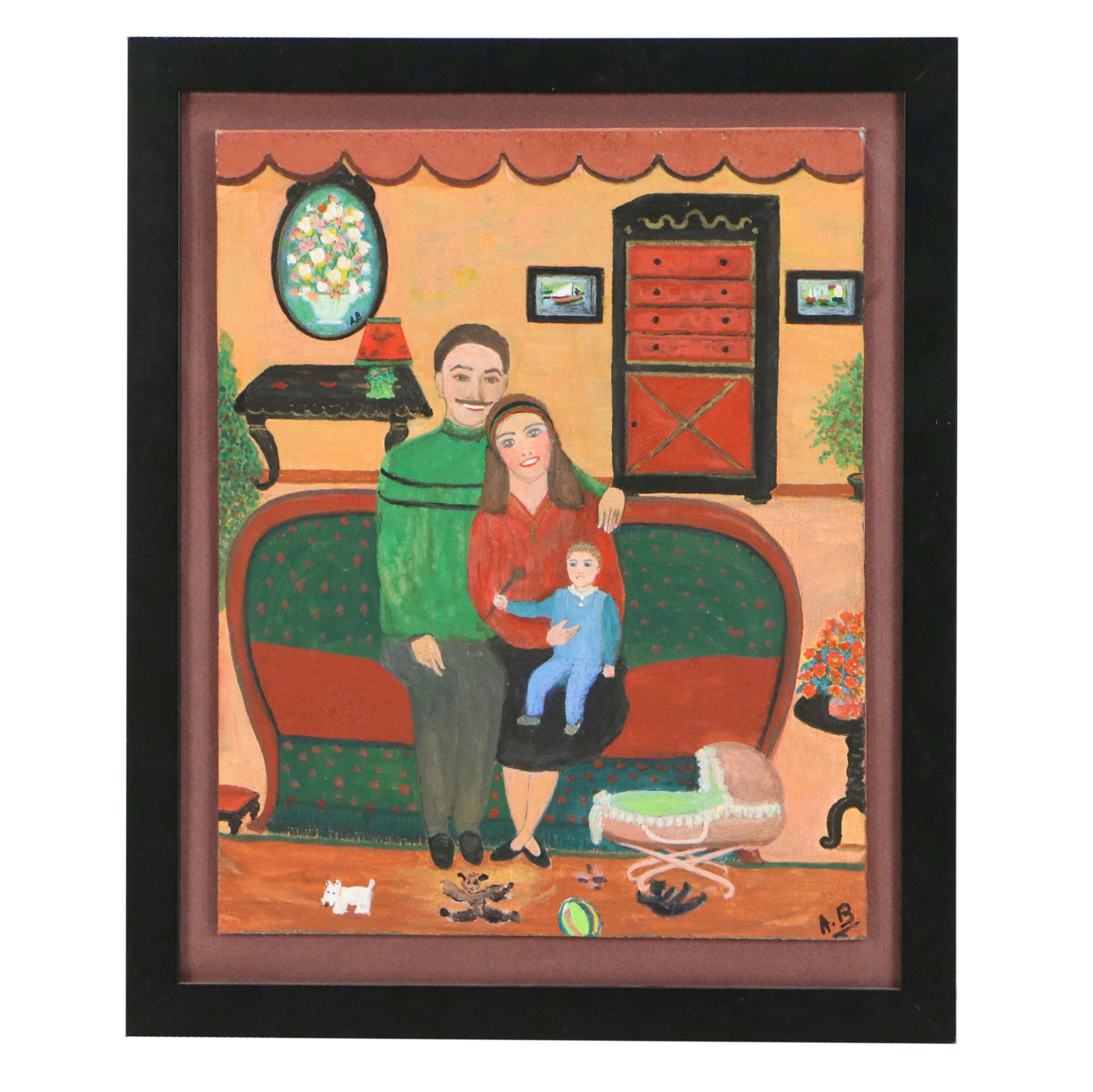 Stylized Family Portrait Acrylic Painting "La Sereine Famille," 1988