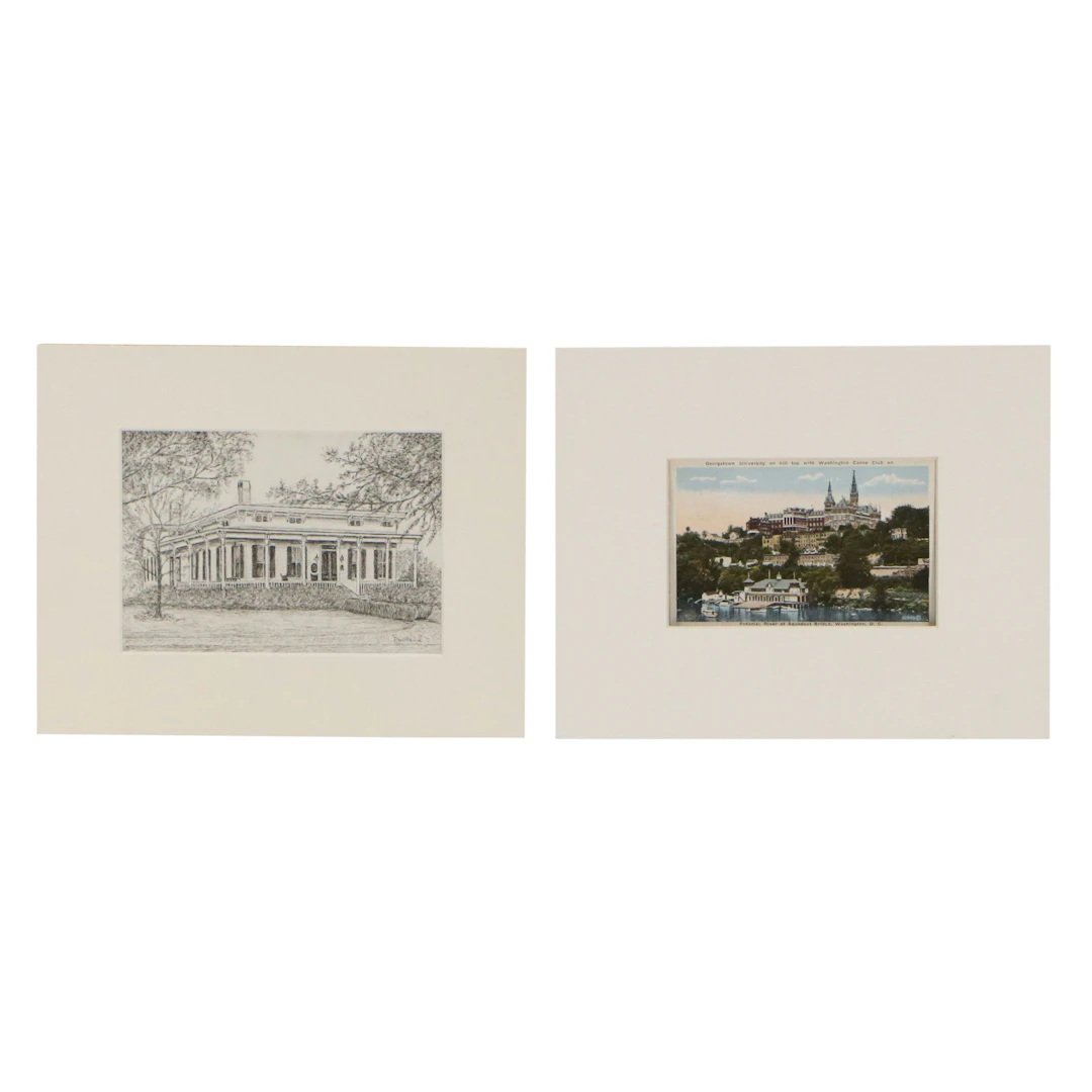 Ink Drawing of the Rapp-Maclure-Owen Home and Additional Vintage Postcard