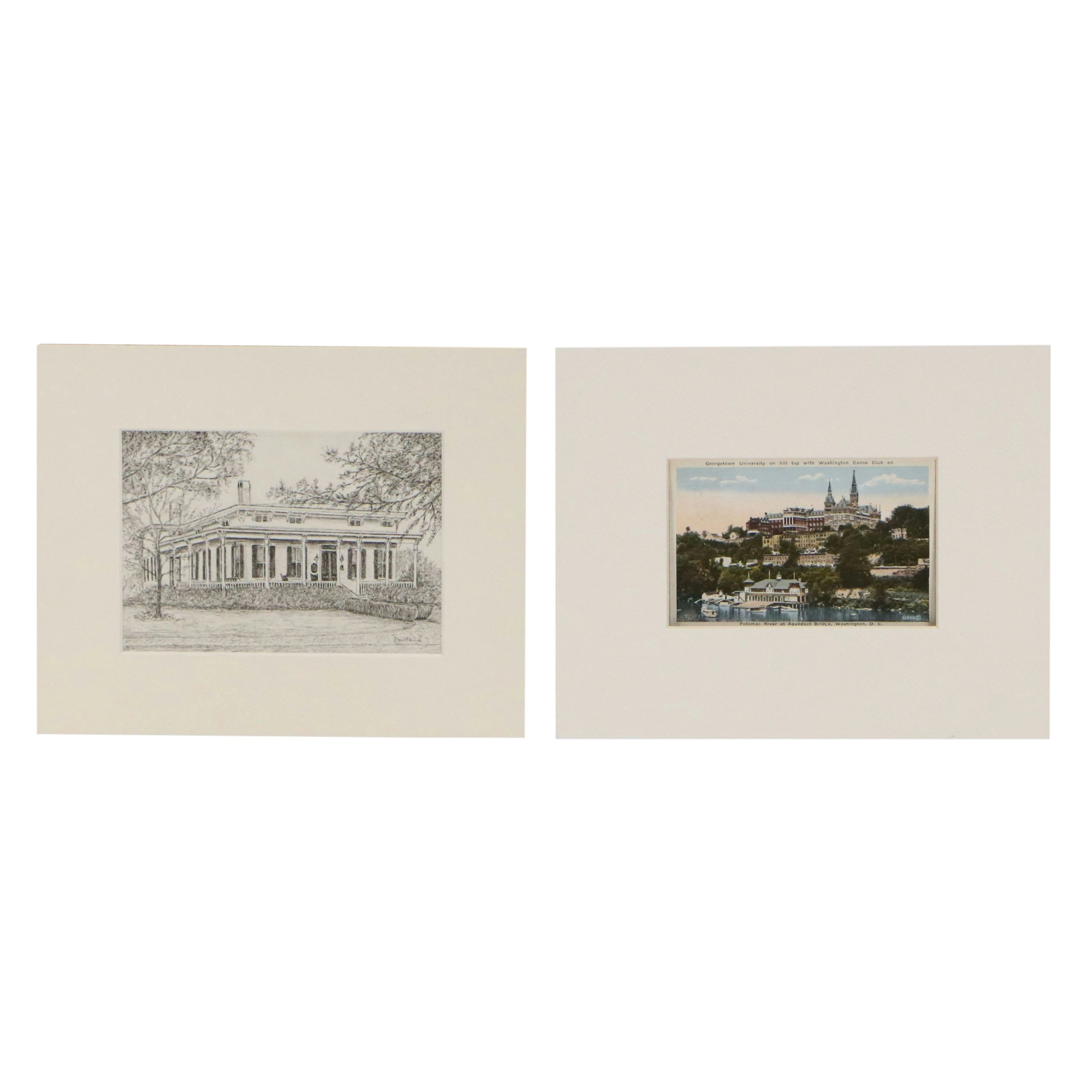 Ink Drawing of the Rapp-Maclure-Owen Home and Additional Vintage Postcard