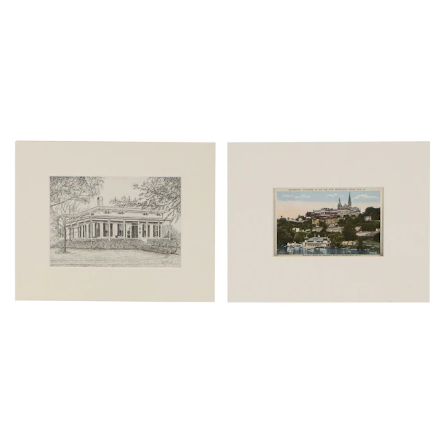 Ink Drawing of the Rapp-Maclure-Owen Home and Additional Vintage Postcard