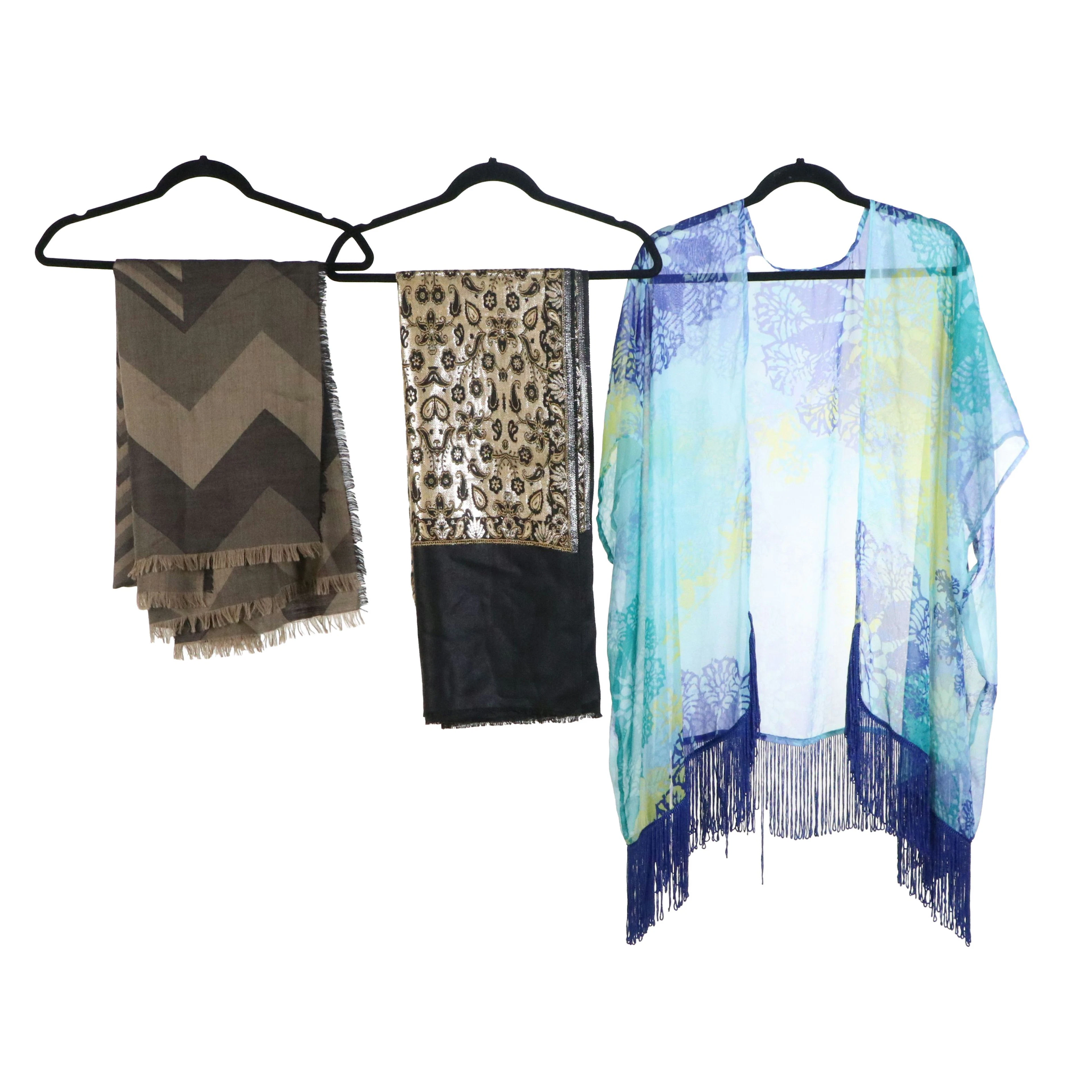 Floral Multicolor Turquoise Print Kimono Cape with Linen and Jacquard Scarves