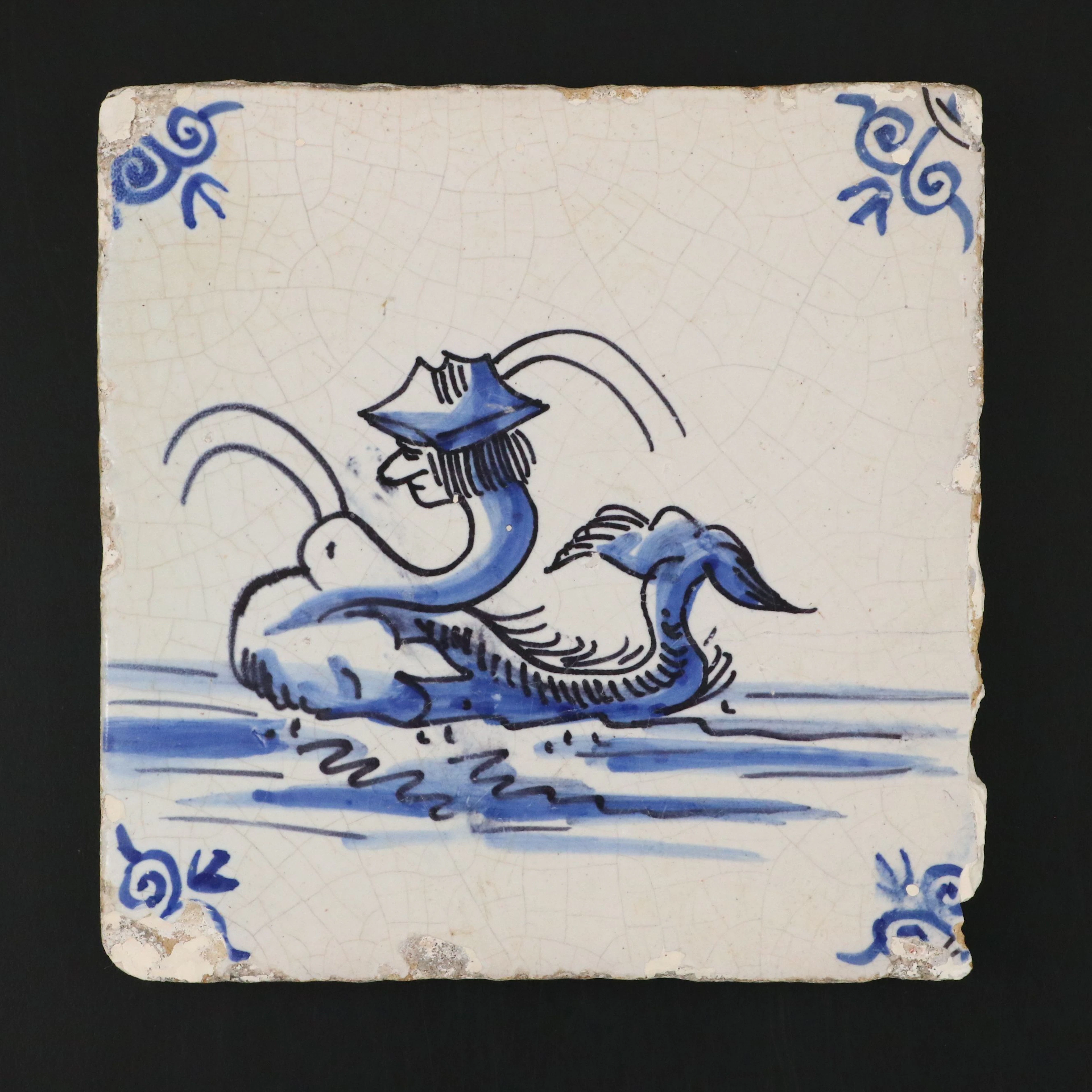 Antique Delft Blue and White Sea Creature Tile, 17th Century