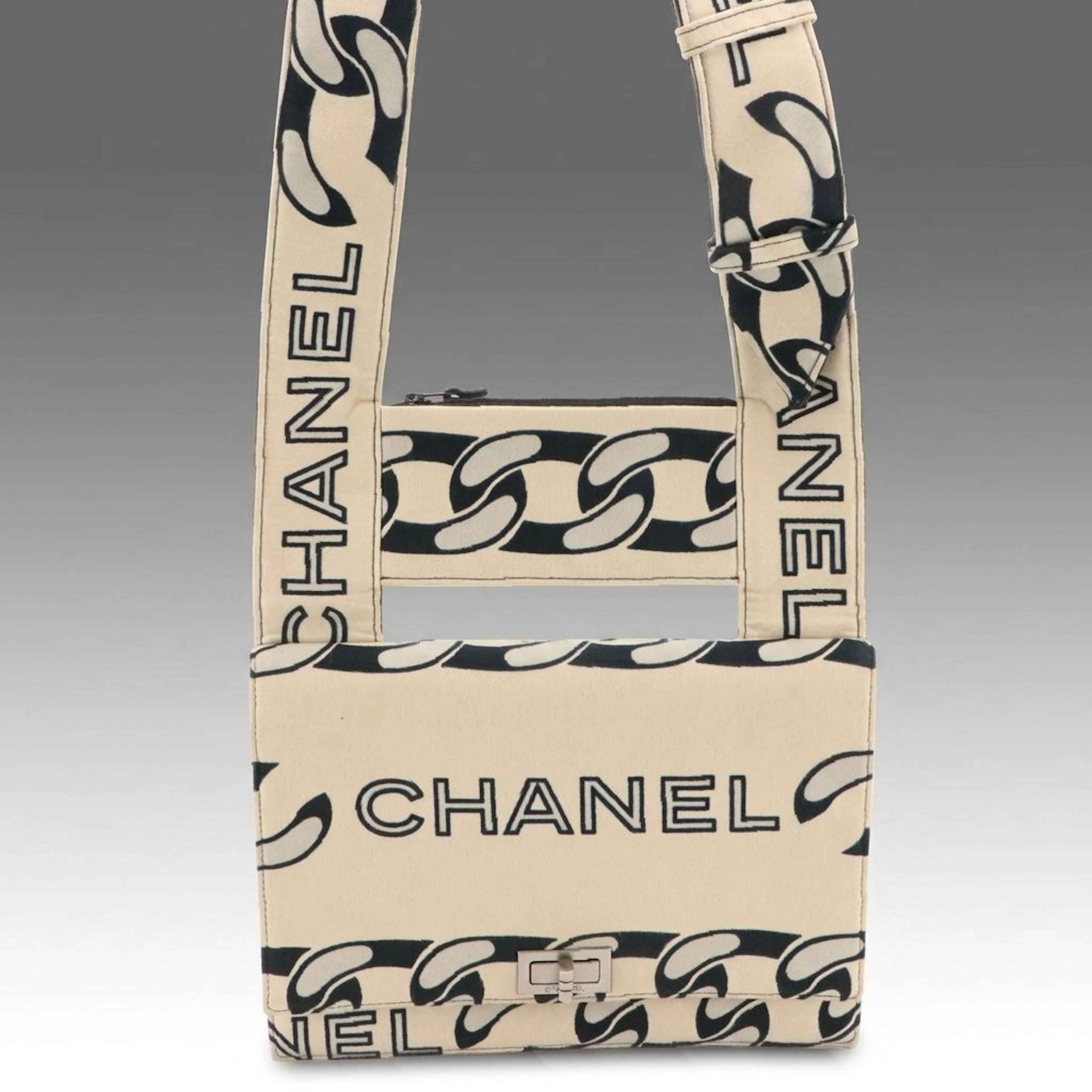 Chanel 2.55 Flap Crossbody Bag in Blue/Off-White Graphic Logo/Chain Link Canvas