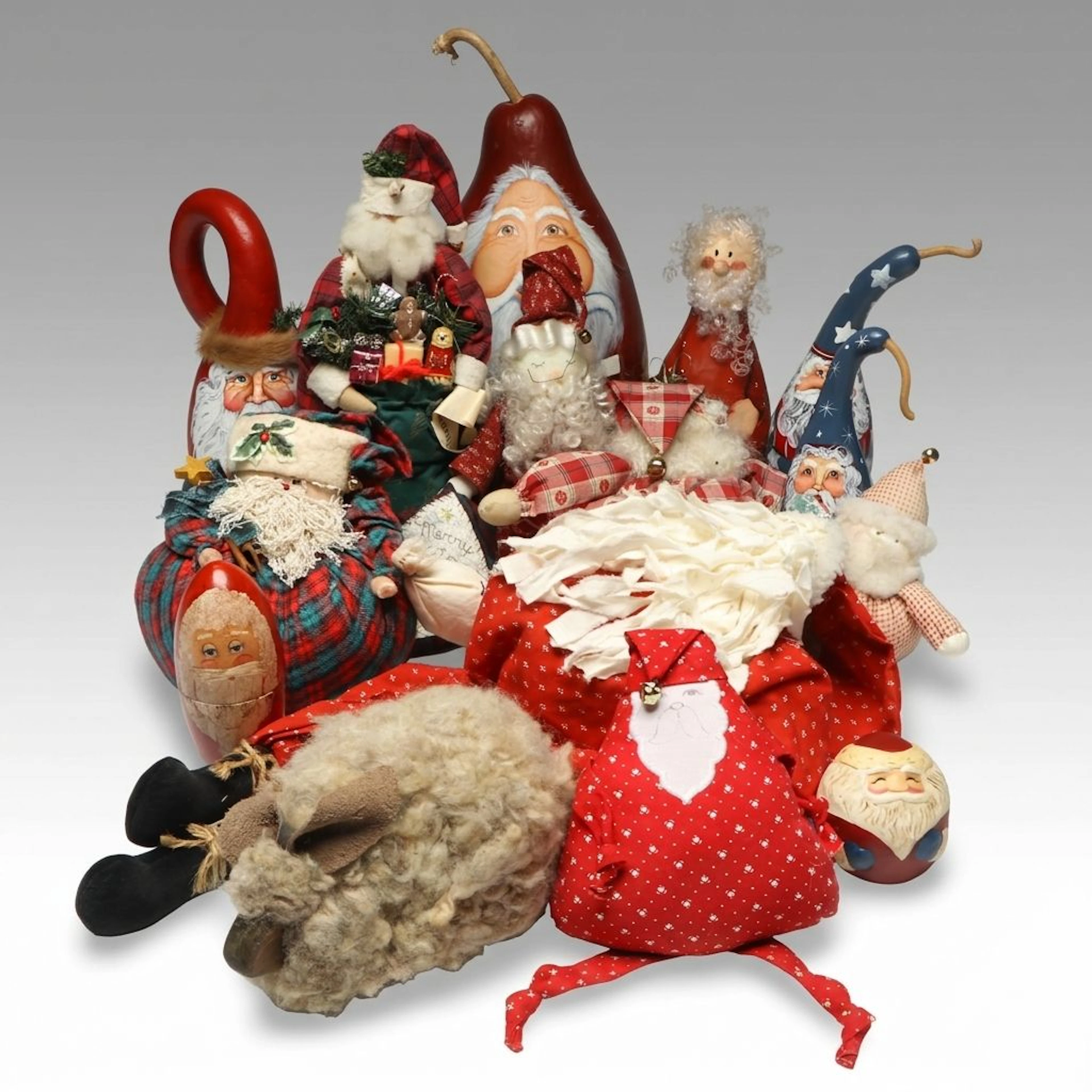 Hand-Painted Gourd Santa Claus Figurines, Folk Art Plush Figures and More Décor
