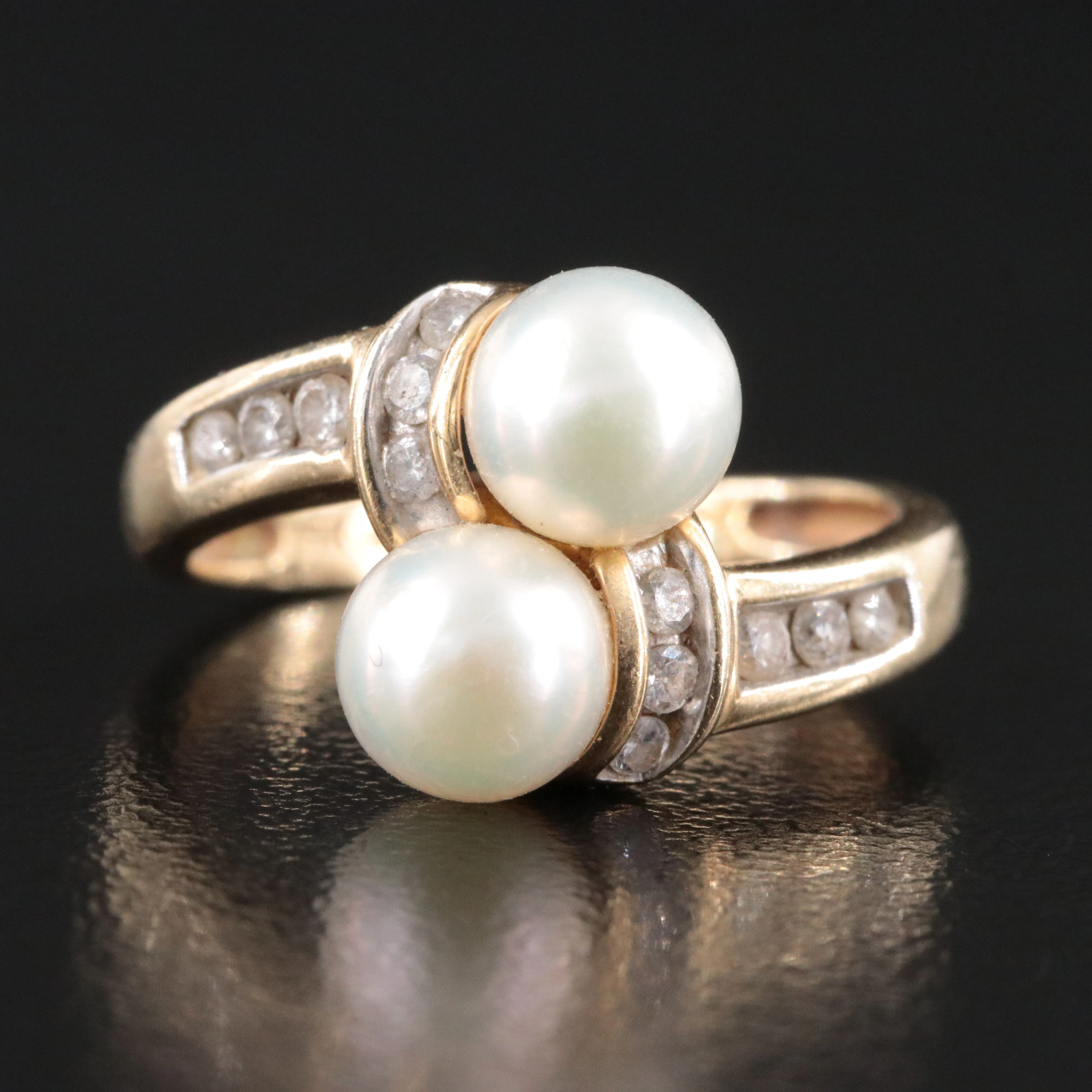 14K Pearl and Diamond Bypass Ring