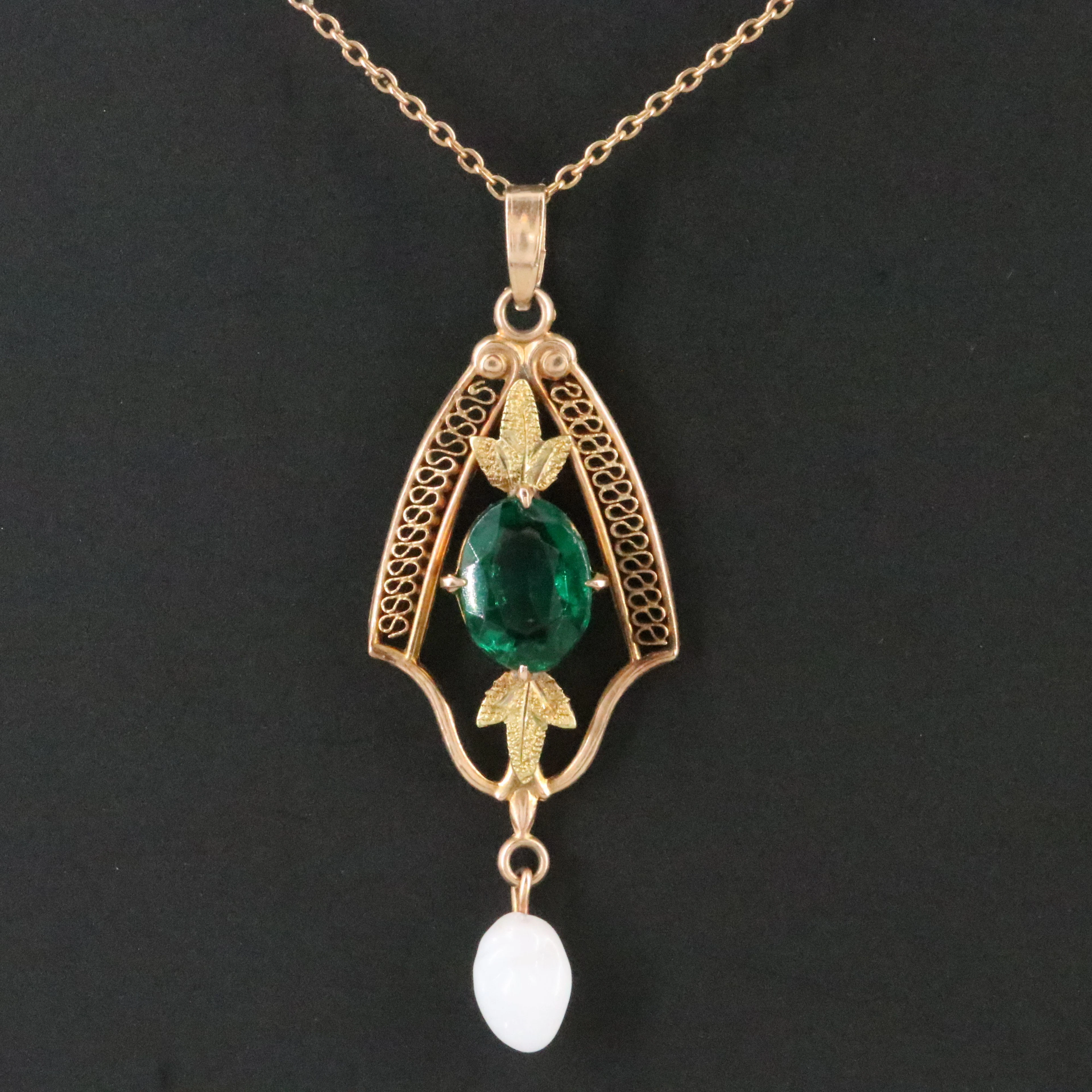 Art Nouveau 10K Glass and Faux Pearl Foliate Shield Pendant Necklace