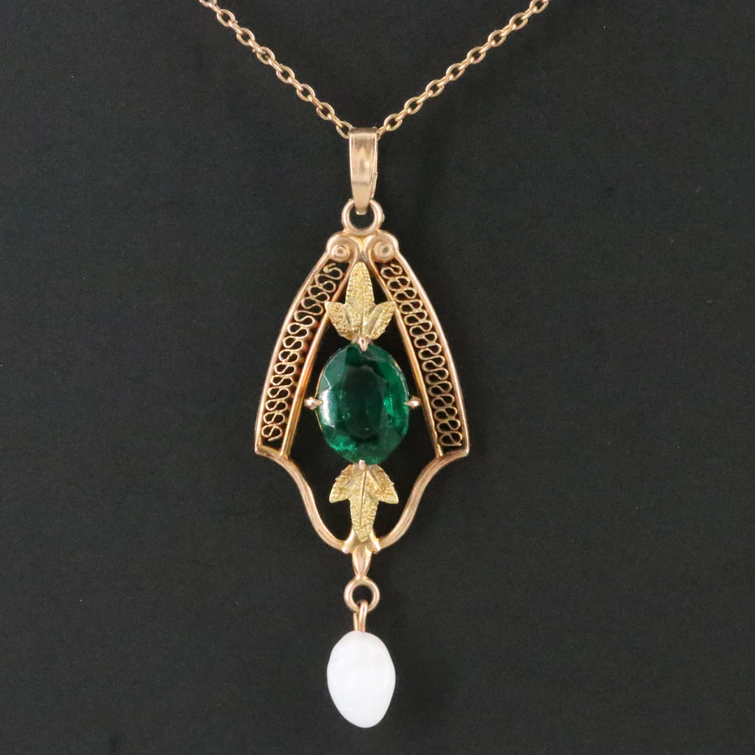 Art Nouveau 10K Glass and Faux Pearl Foliate Shield Pendant Necklace