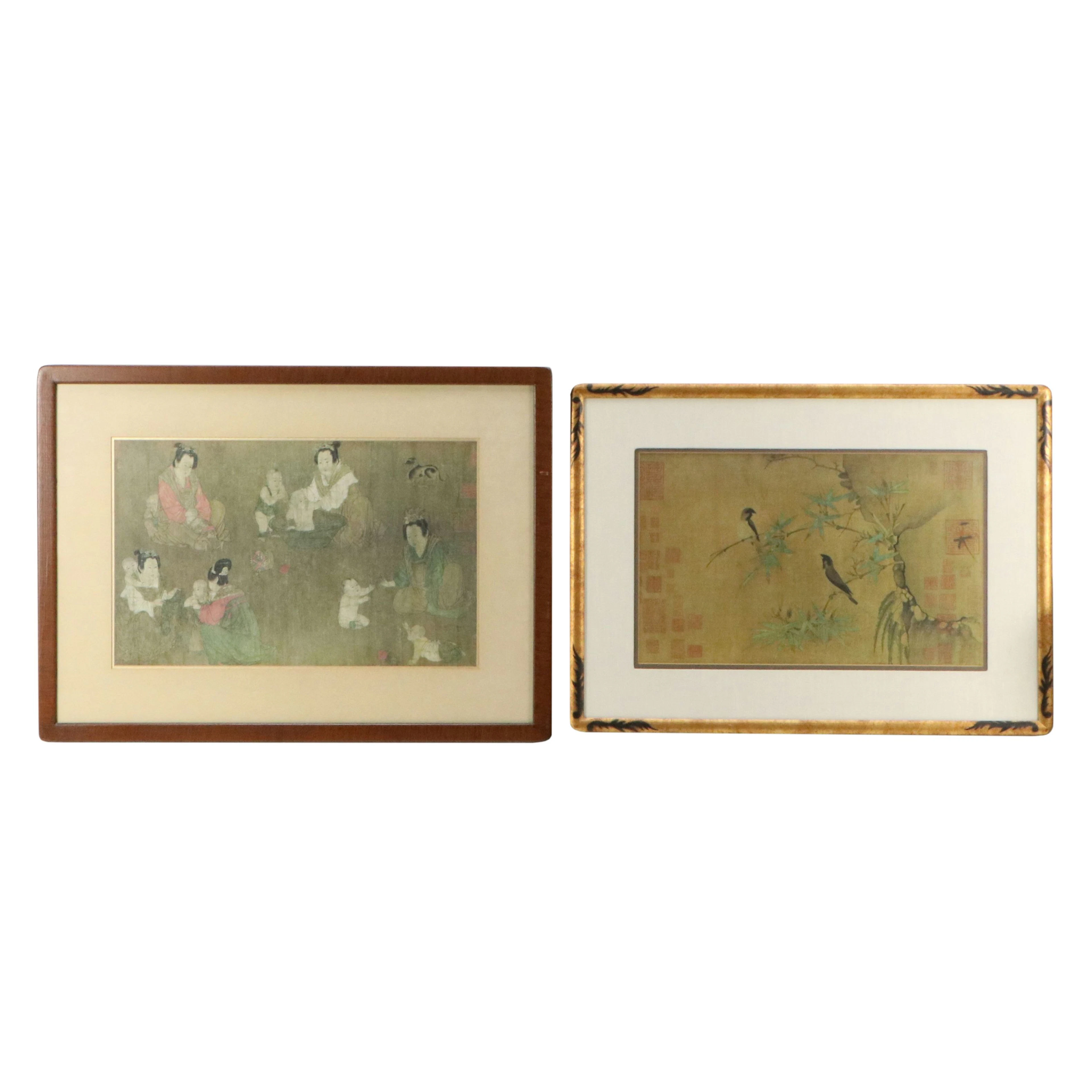Collotypes of Chinese Art "Play with Infants" and "Finches & Bamboo," 21st C.