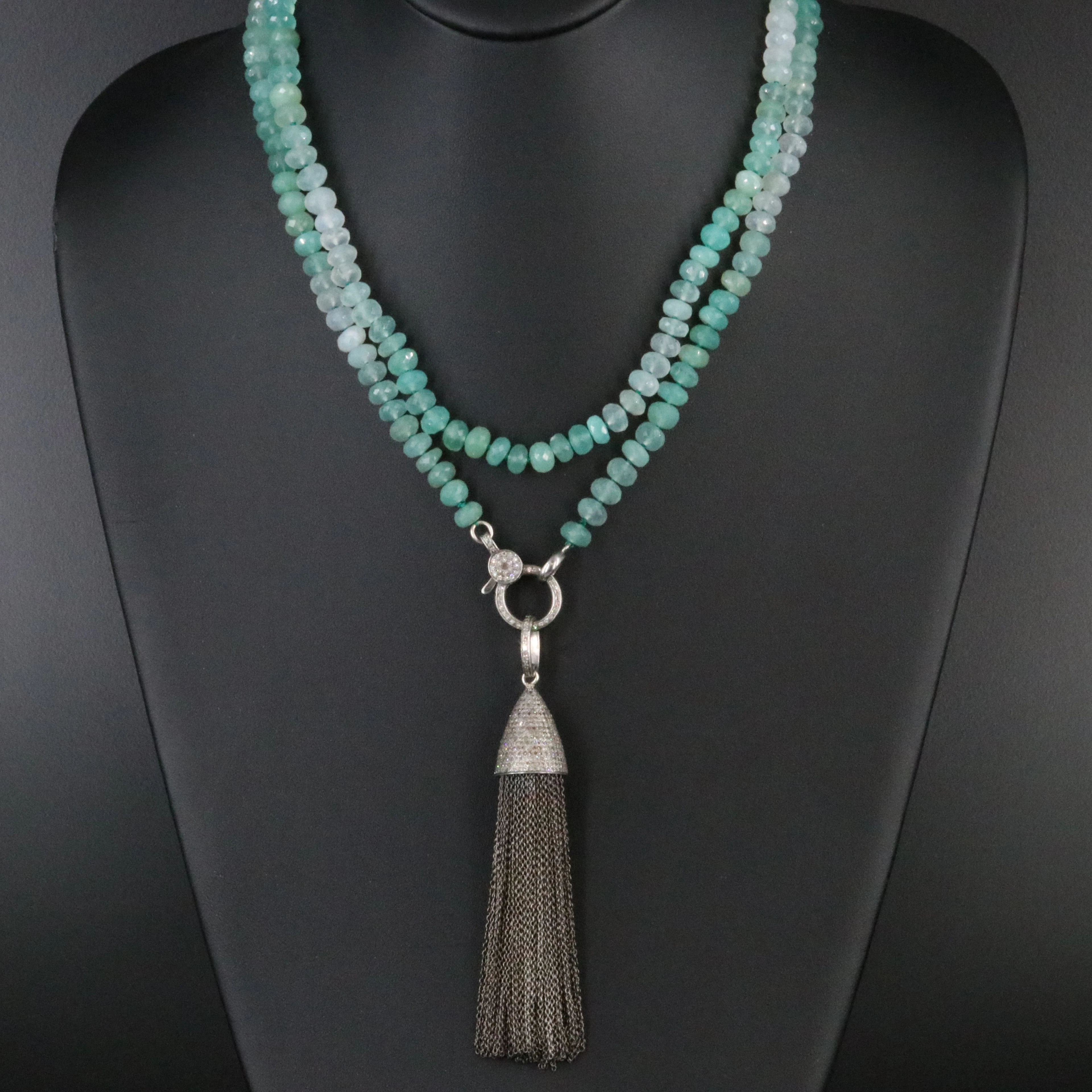 Sheryl Lowe Sterling Tassel Chrysoprase and Diamond Necklace