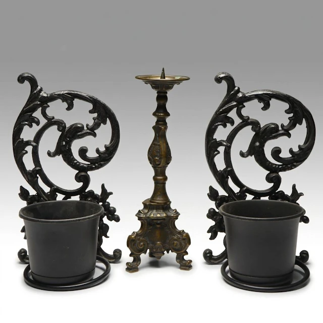Art Nouveau Style Painted Cast Metal Wall Mounted Planters with Candle Pricket