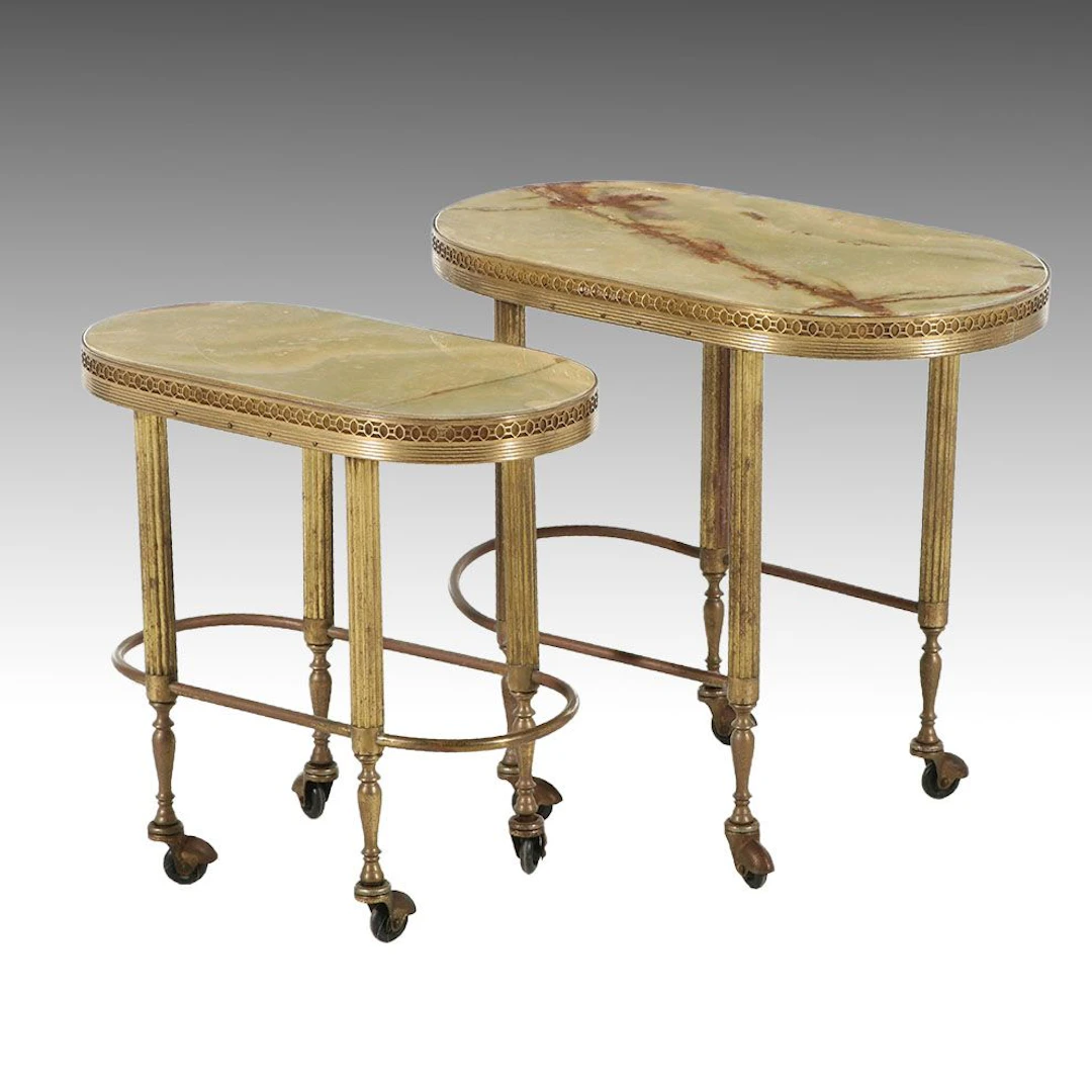 Pair of Brass and Banded Calcite Top Nesting Tables on Casters