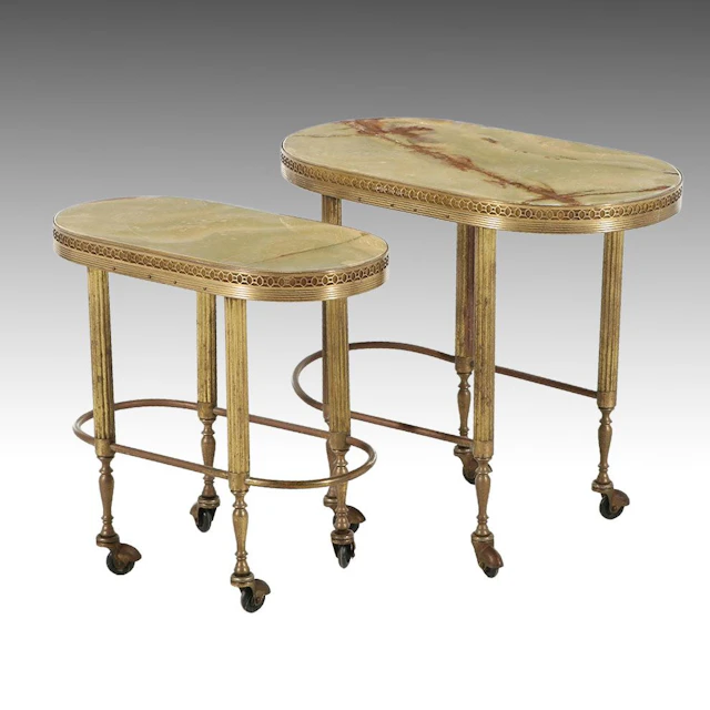 Pair of Brass and Banded Calcite Top Nesting Tables on Casters