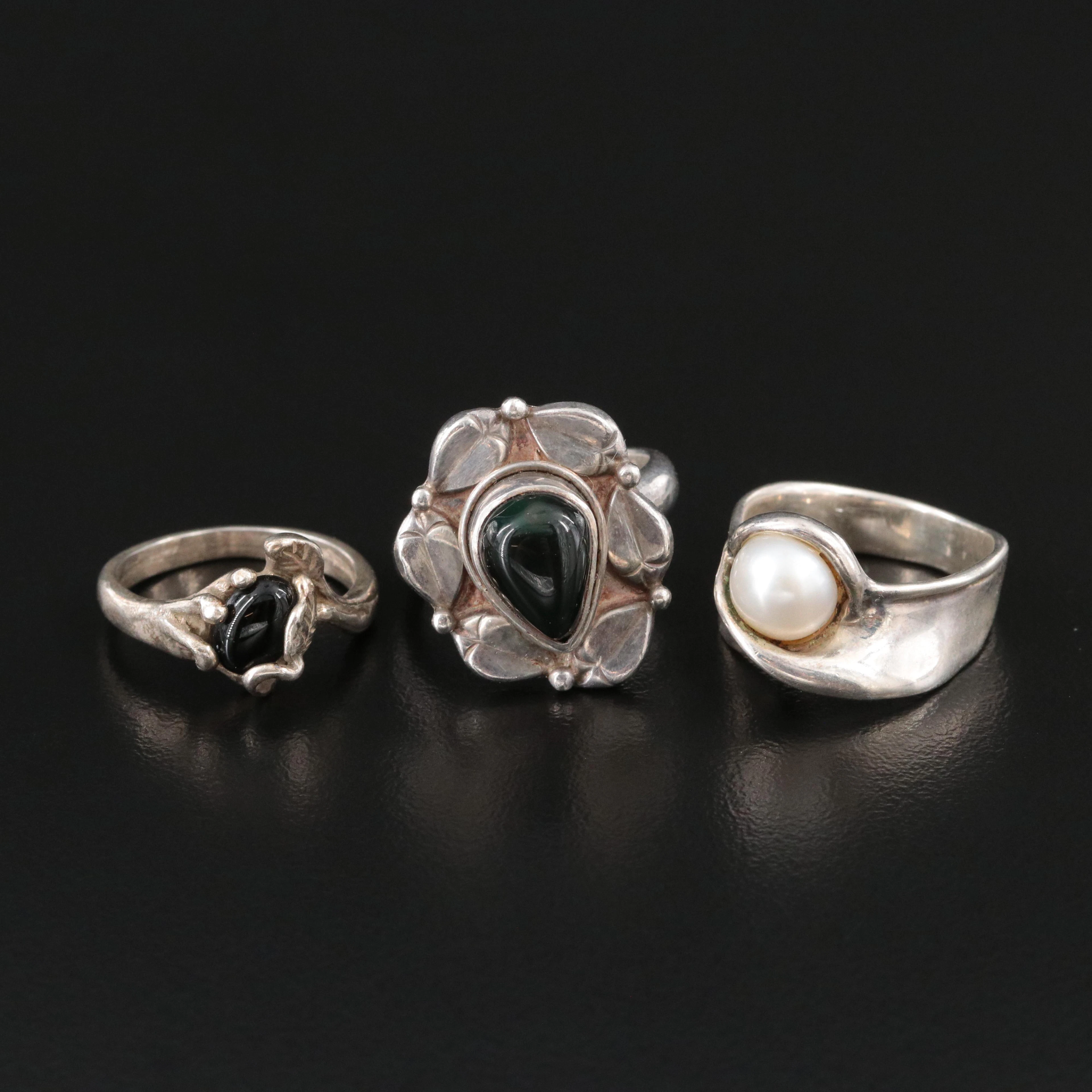 Sterling Pearl, Black Onyx and Obsidian Ring Selection
