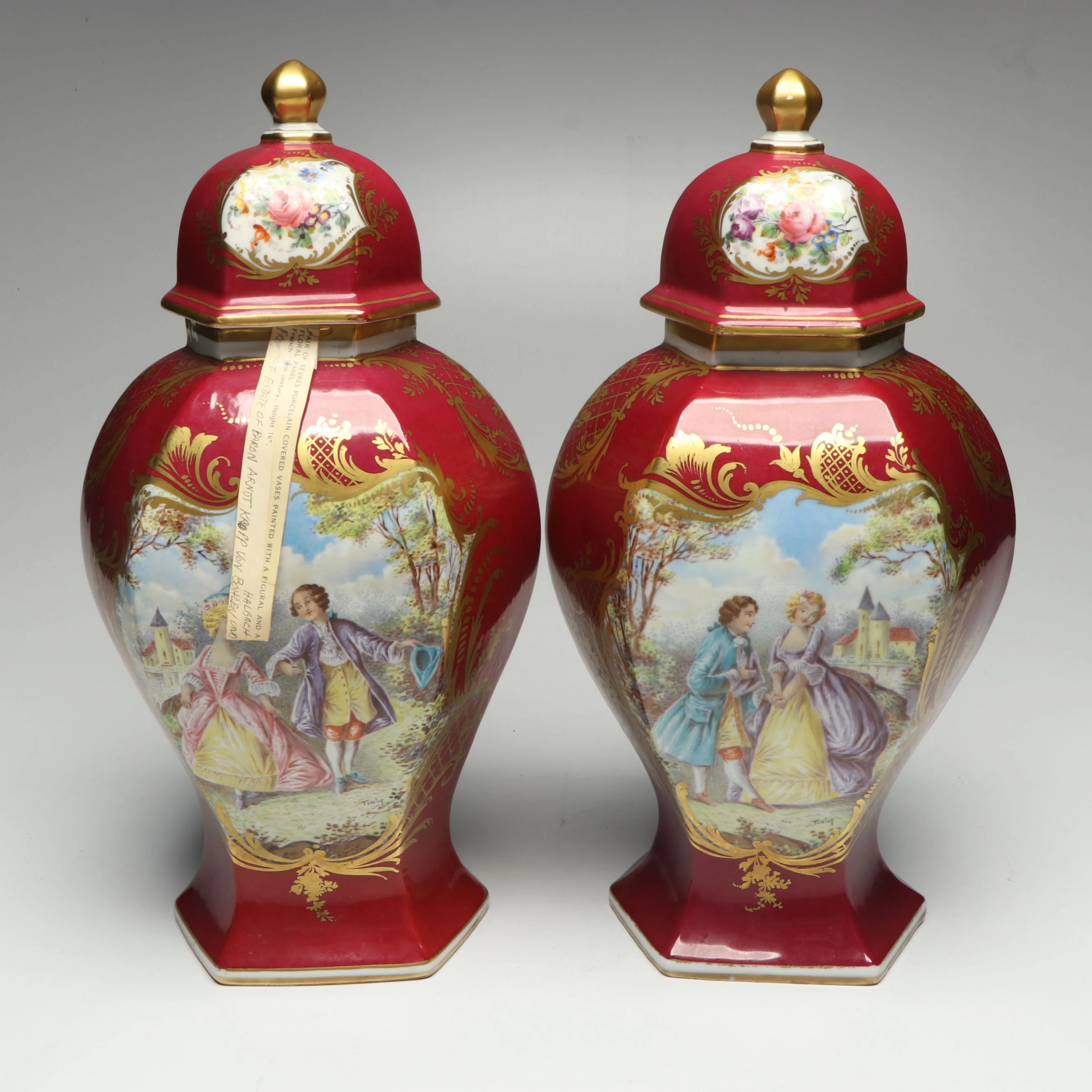 French Sèvres Hand-Painted Courting Scene Gilt Porcelain Jars, Late 19th C.