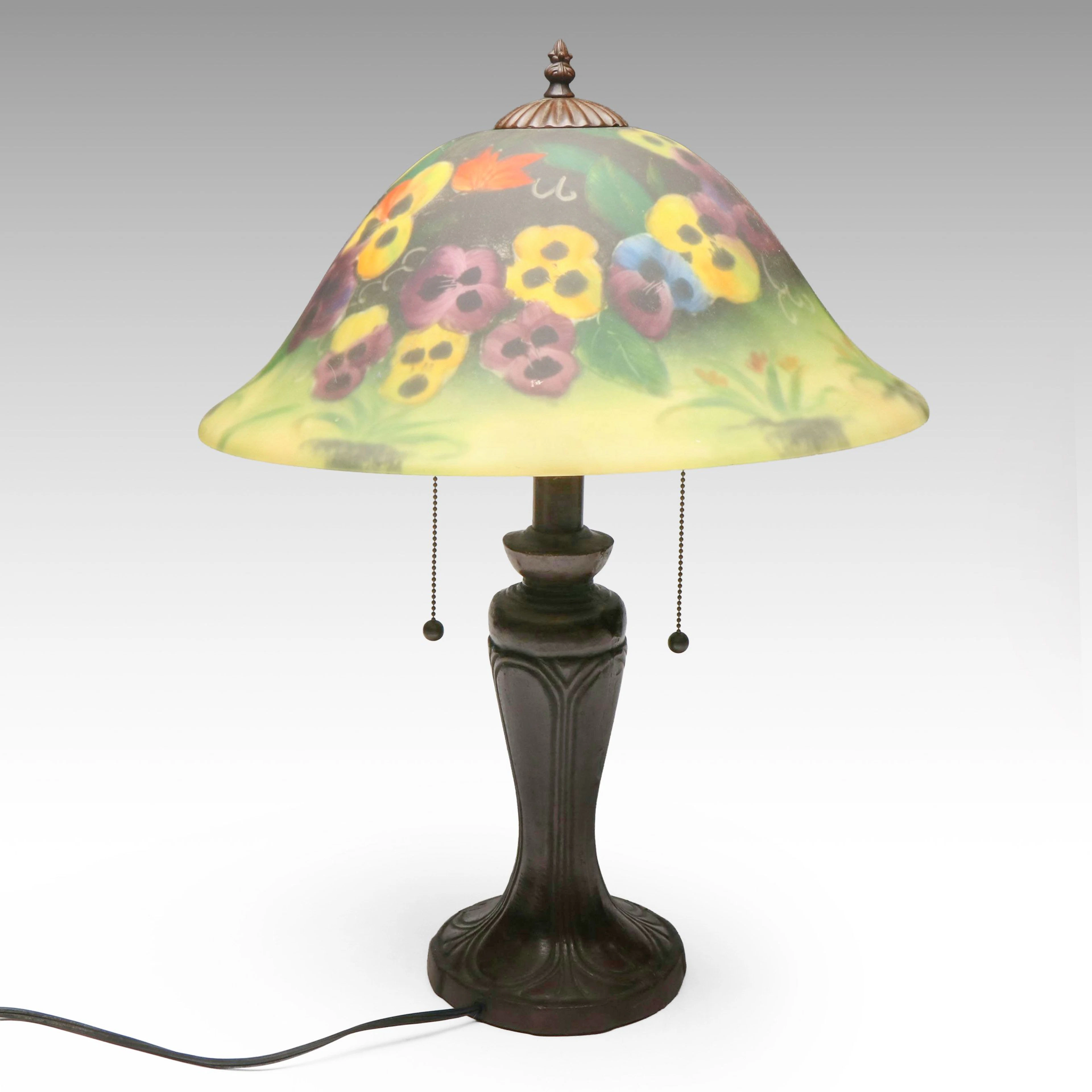 Reverse Painted Floral Glass Table Lamp, Vintage