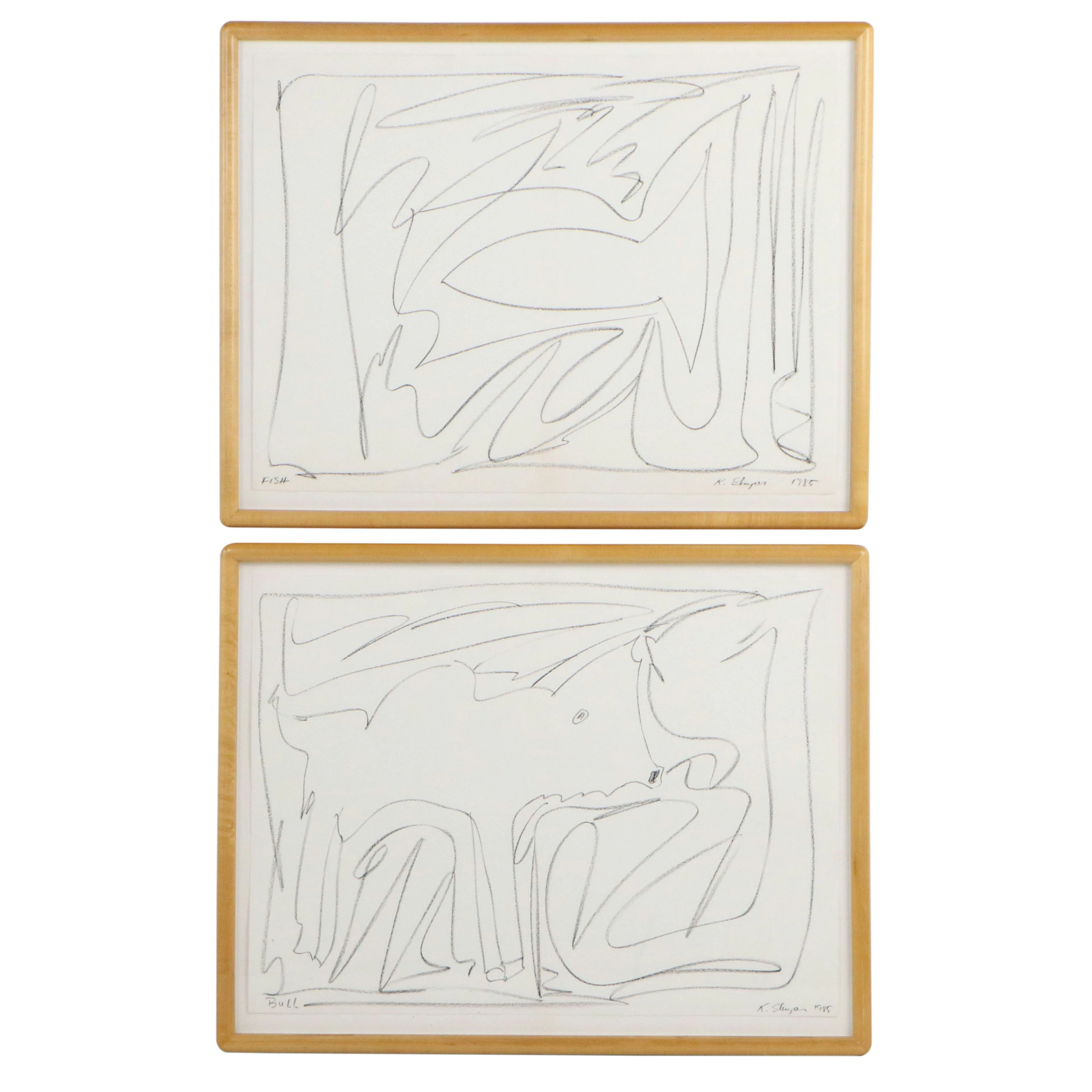 Kay Shuper Oil Pastel Drawings "Fish" and "Bull," 1985