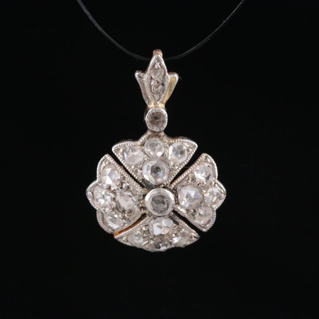 Antique Platinum and 14K Rosette Diamond Pendant