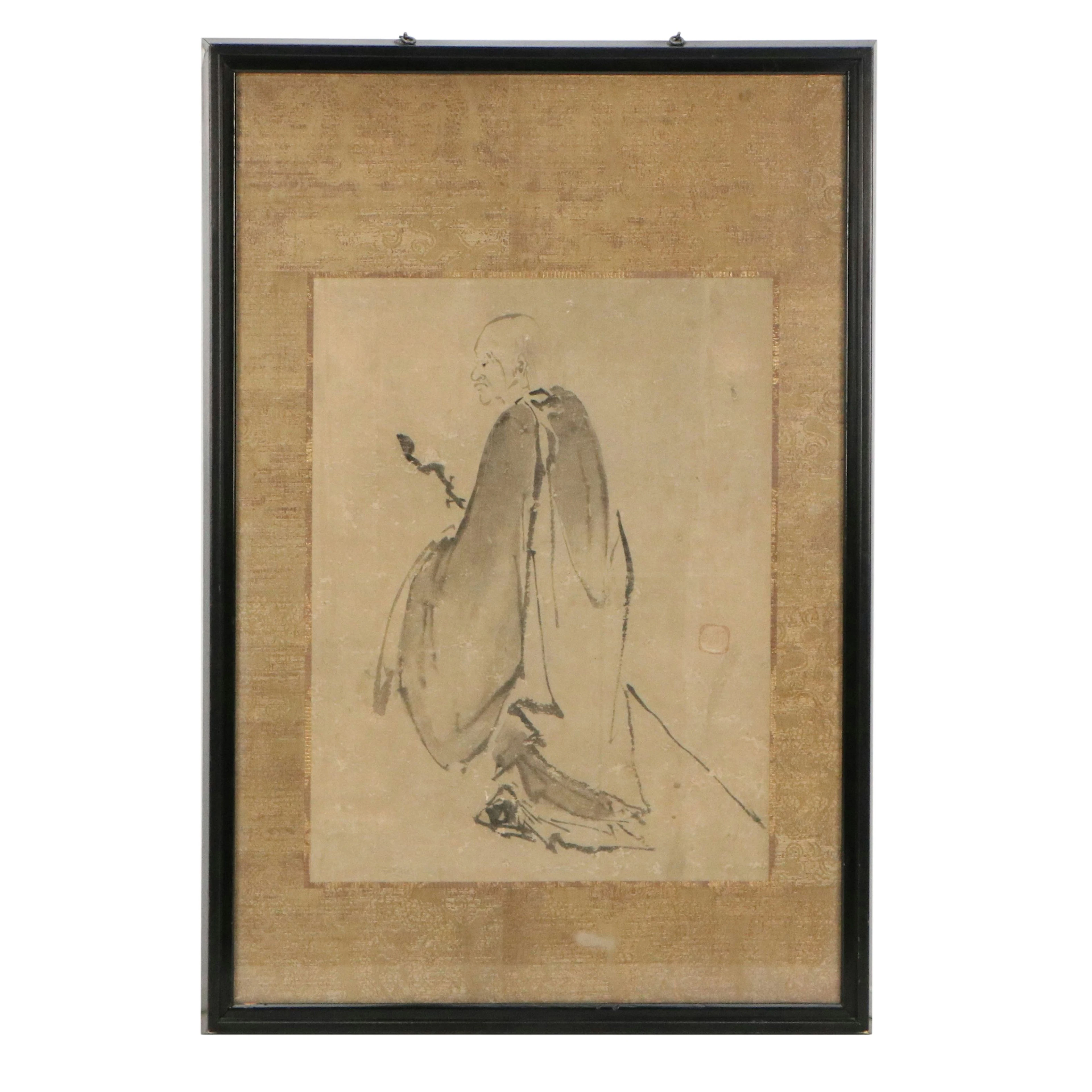Antique Asian Ink Wash Painting of Man with Staff