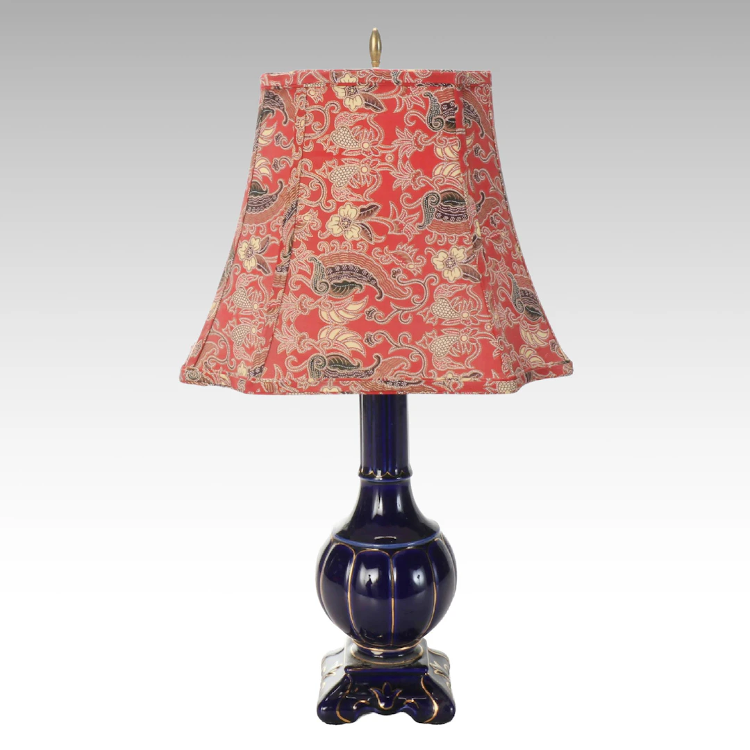 French Style Gilt Cobalt Porcelain Table Lamp with Floral Shade