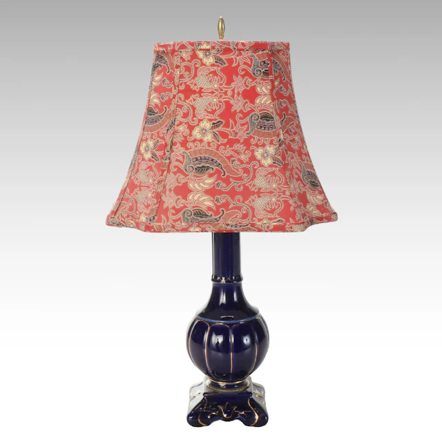 French Style Gilt Cobalt Porcelain Table Lamp with Floral Shade