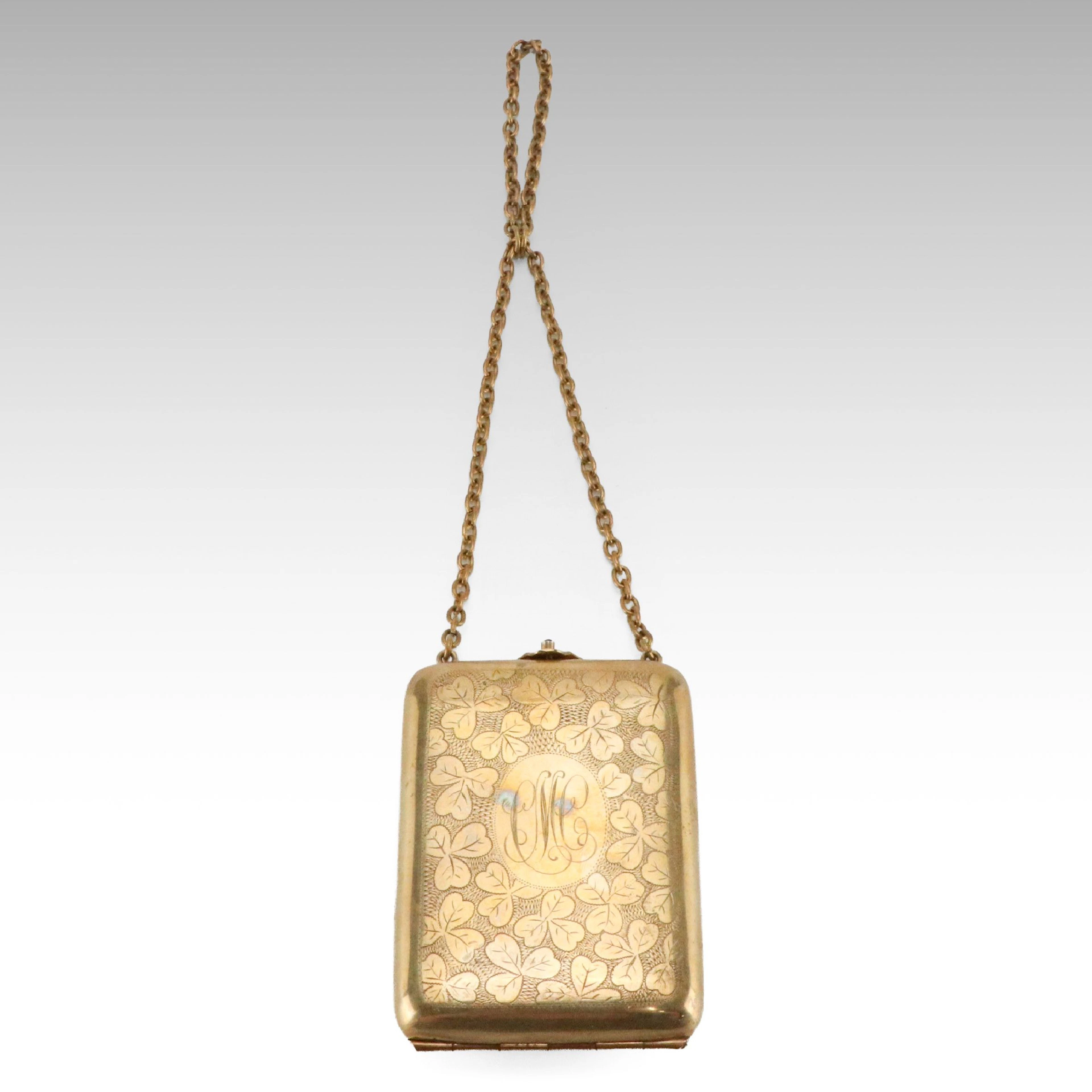 Antique Chased Brass Dance Purse Compact