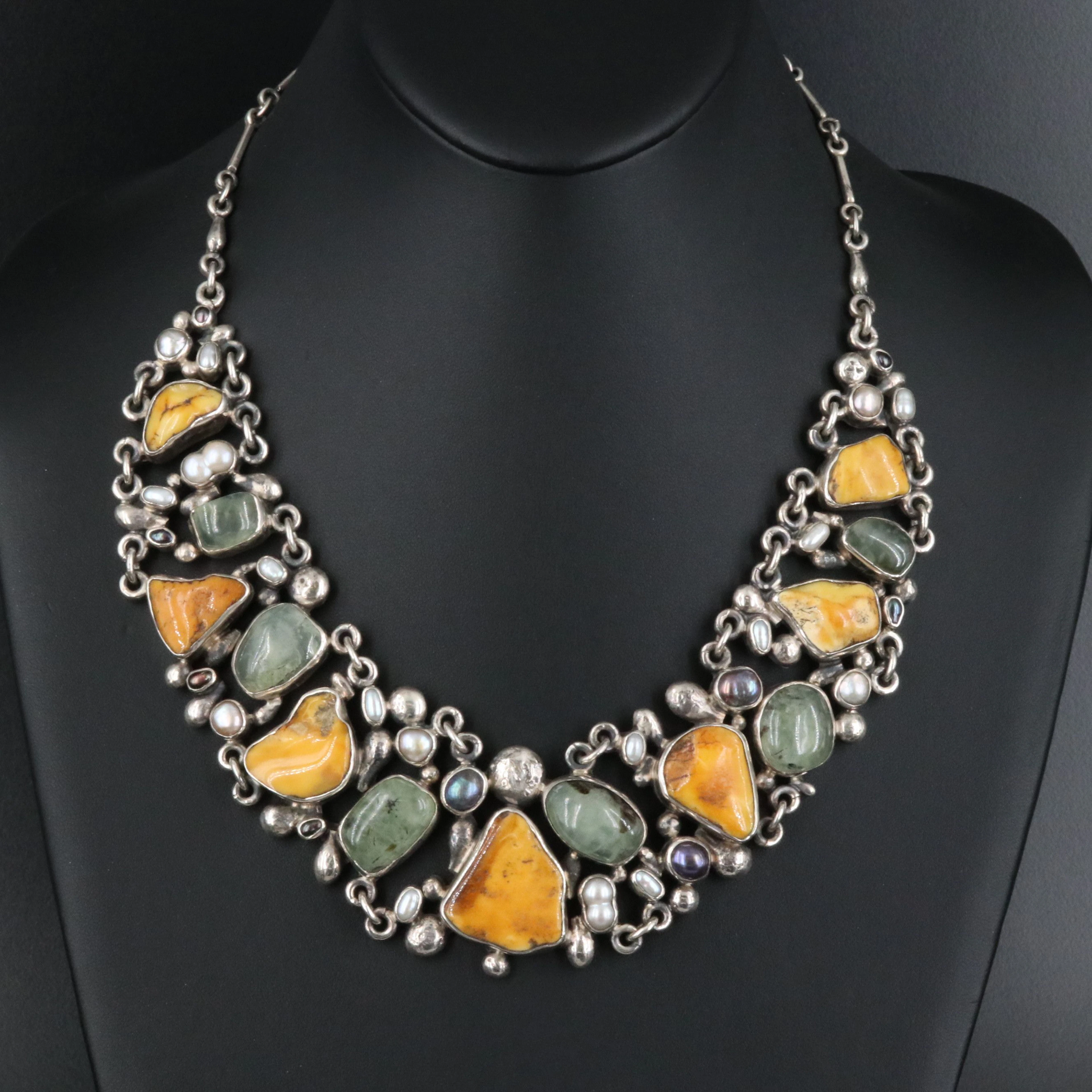 Sterling Amber, Prehnite and Pearl Plastron Necklace