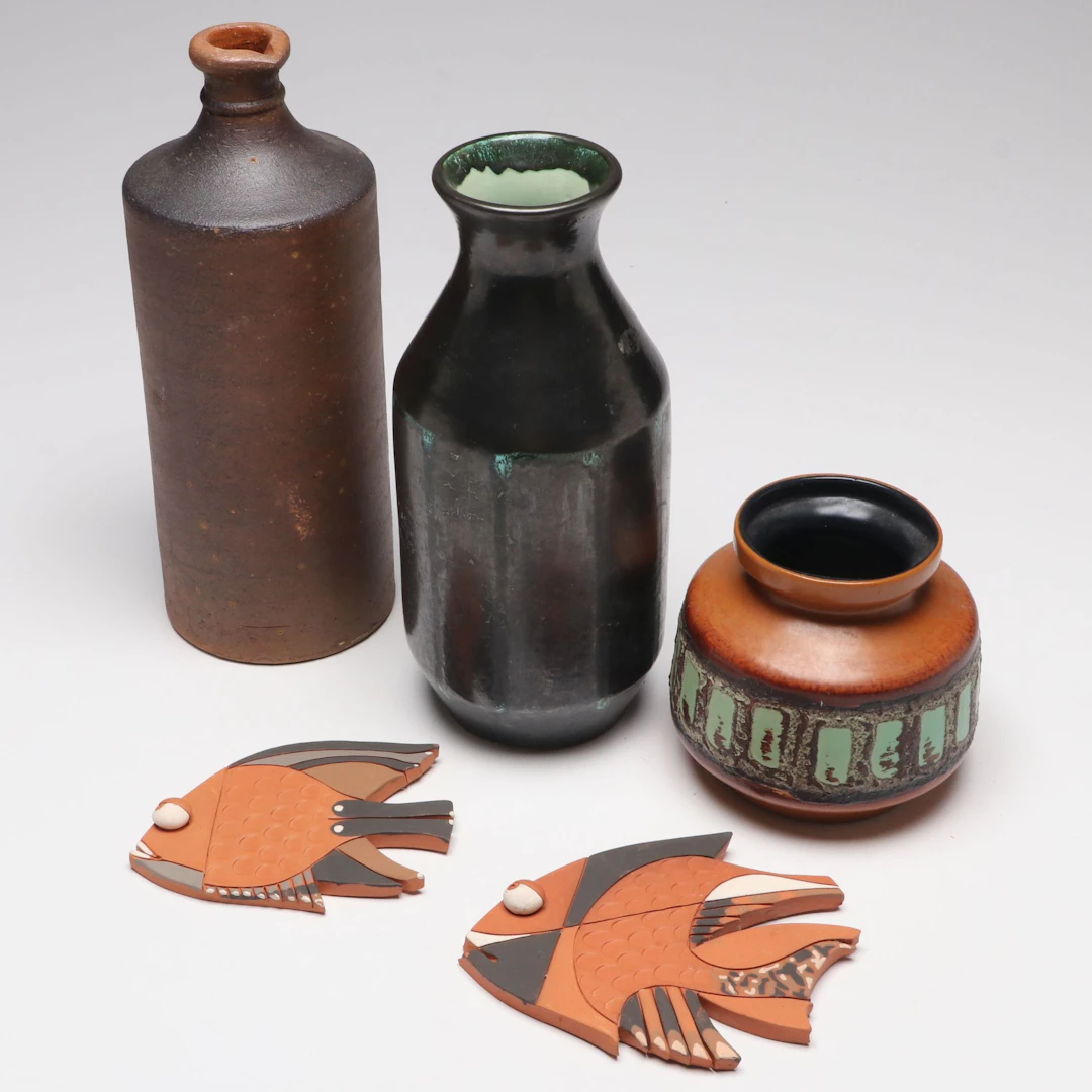 Vitor Lopes Terracotta Fish Wall Plaques, "Fat Lava" Style and More Vases