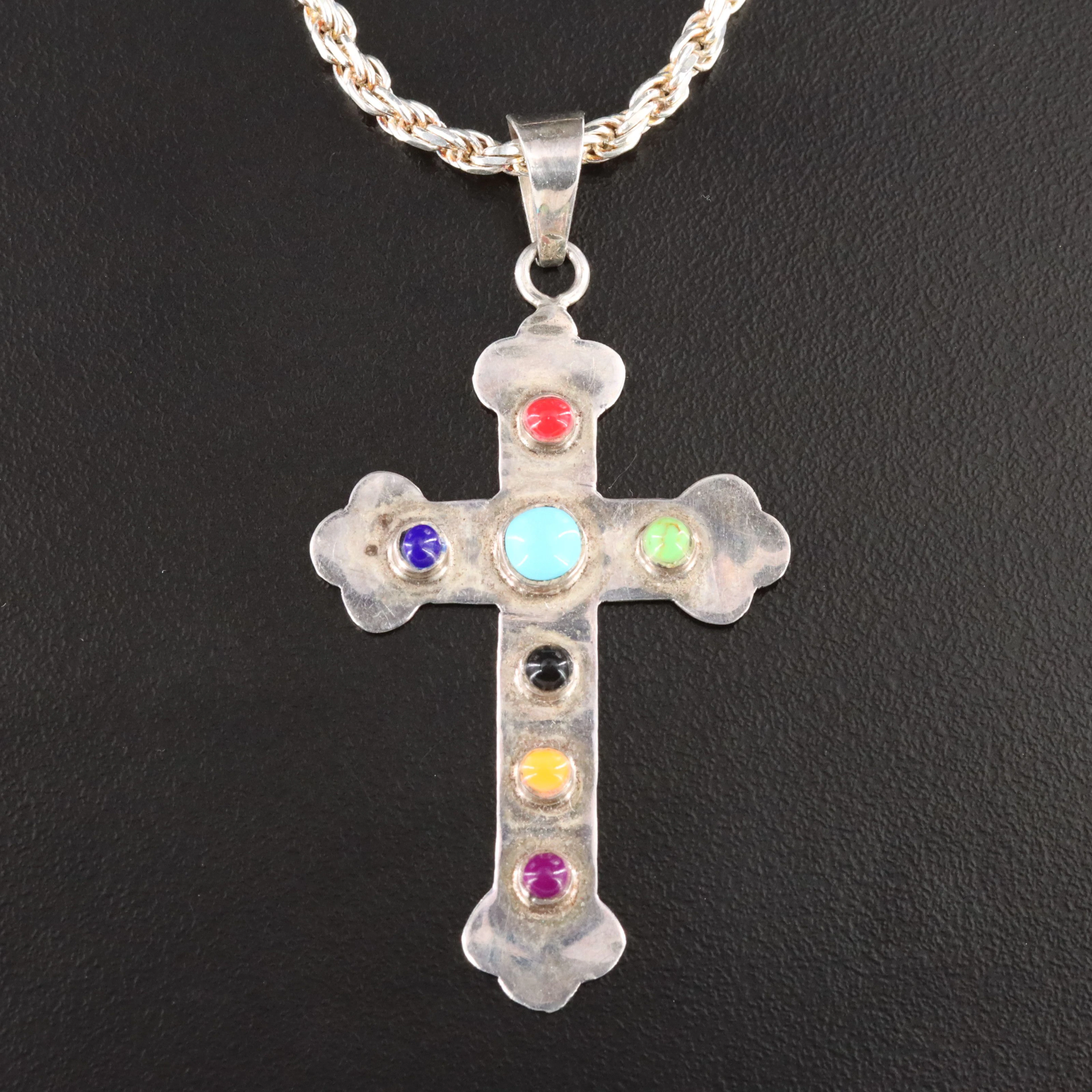 Sterling Gemstone Cross Pendant Necklace Featuring Turquoise, Sugilite