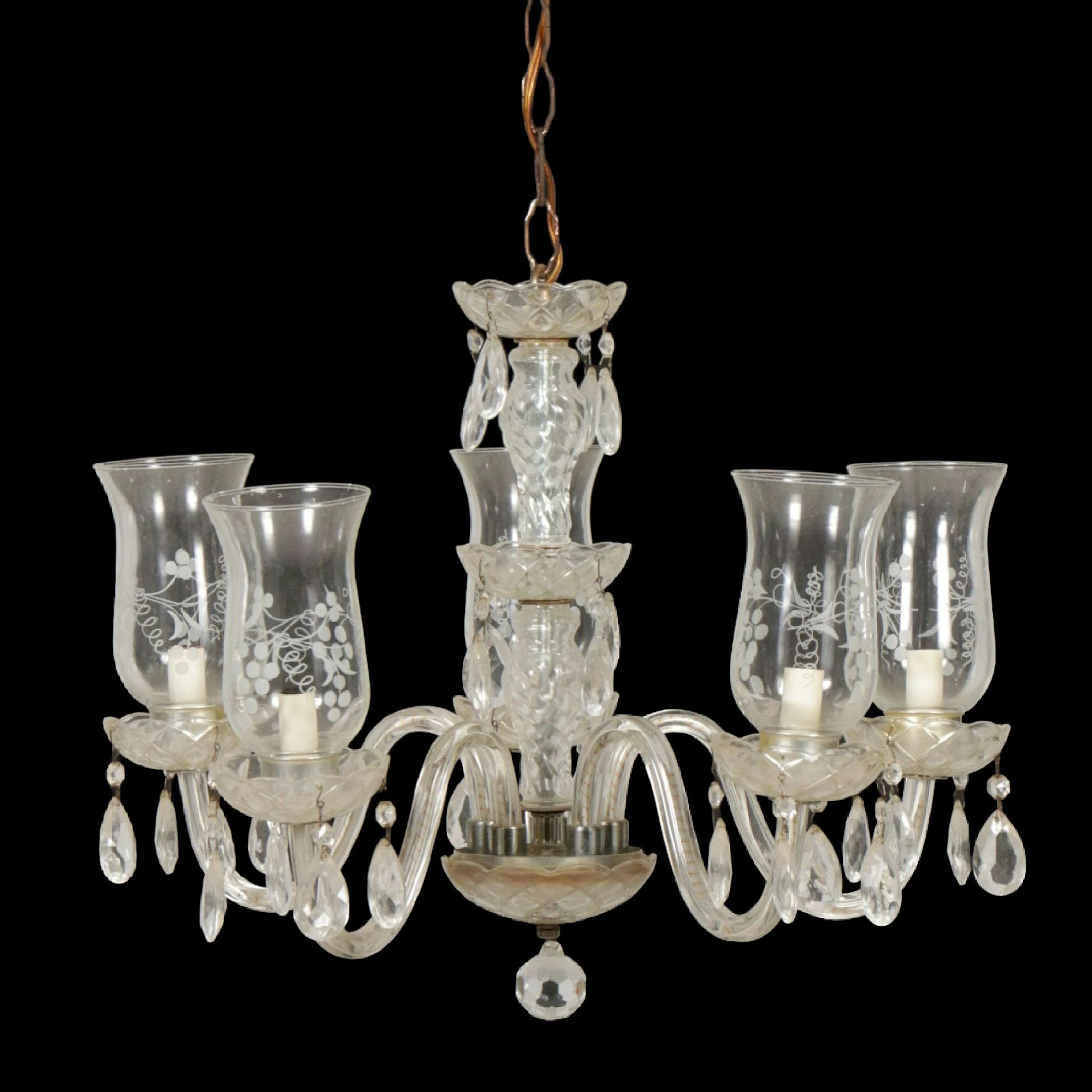 Traditional Pressed Glass Five-Arm Chandelier with Etched Hurricanes