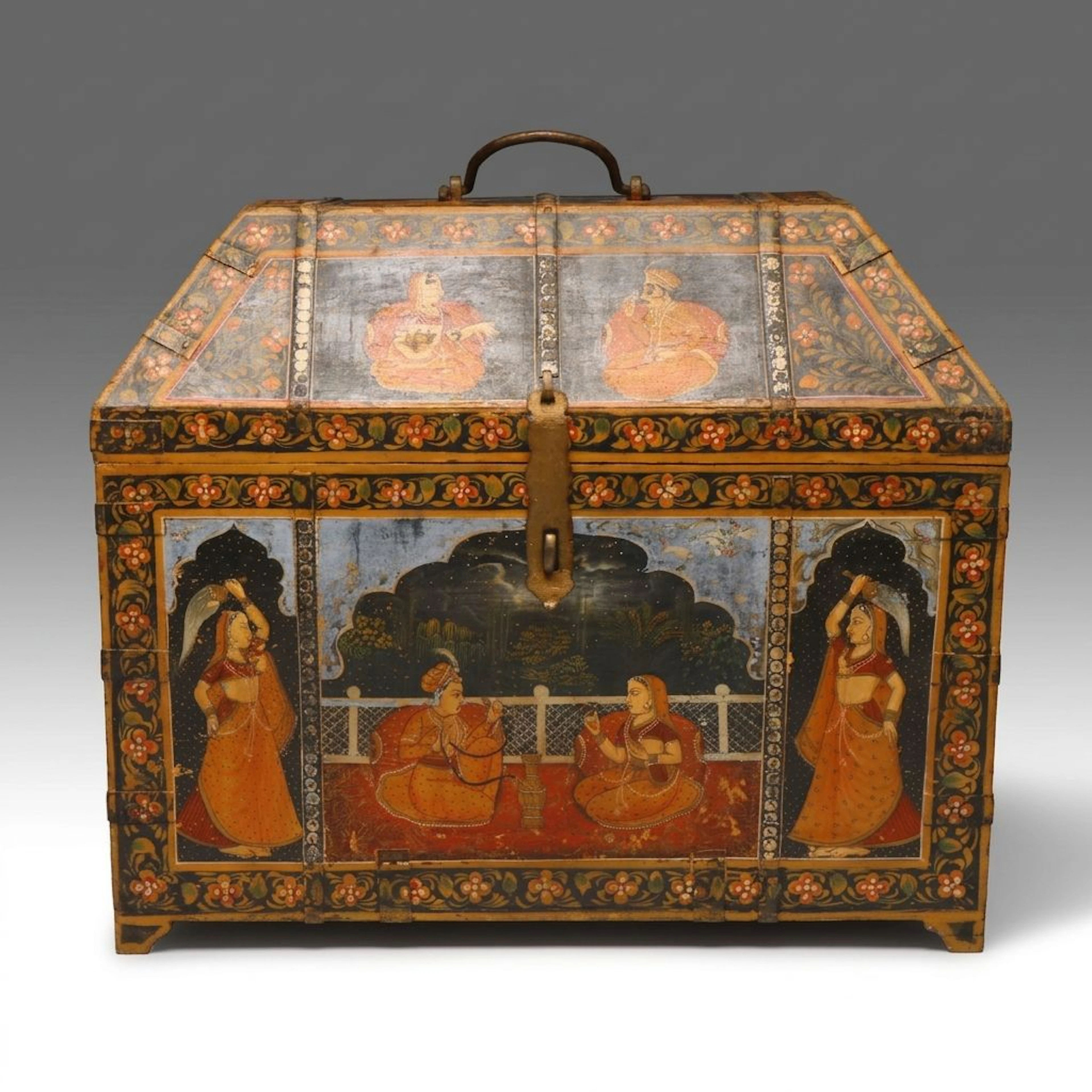 Indian Mughal Style Hand-Painted Courting Scene Dome Top Wood Dowry Box