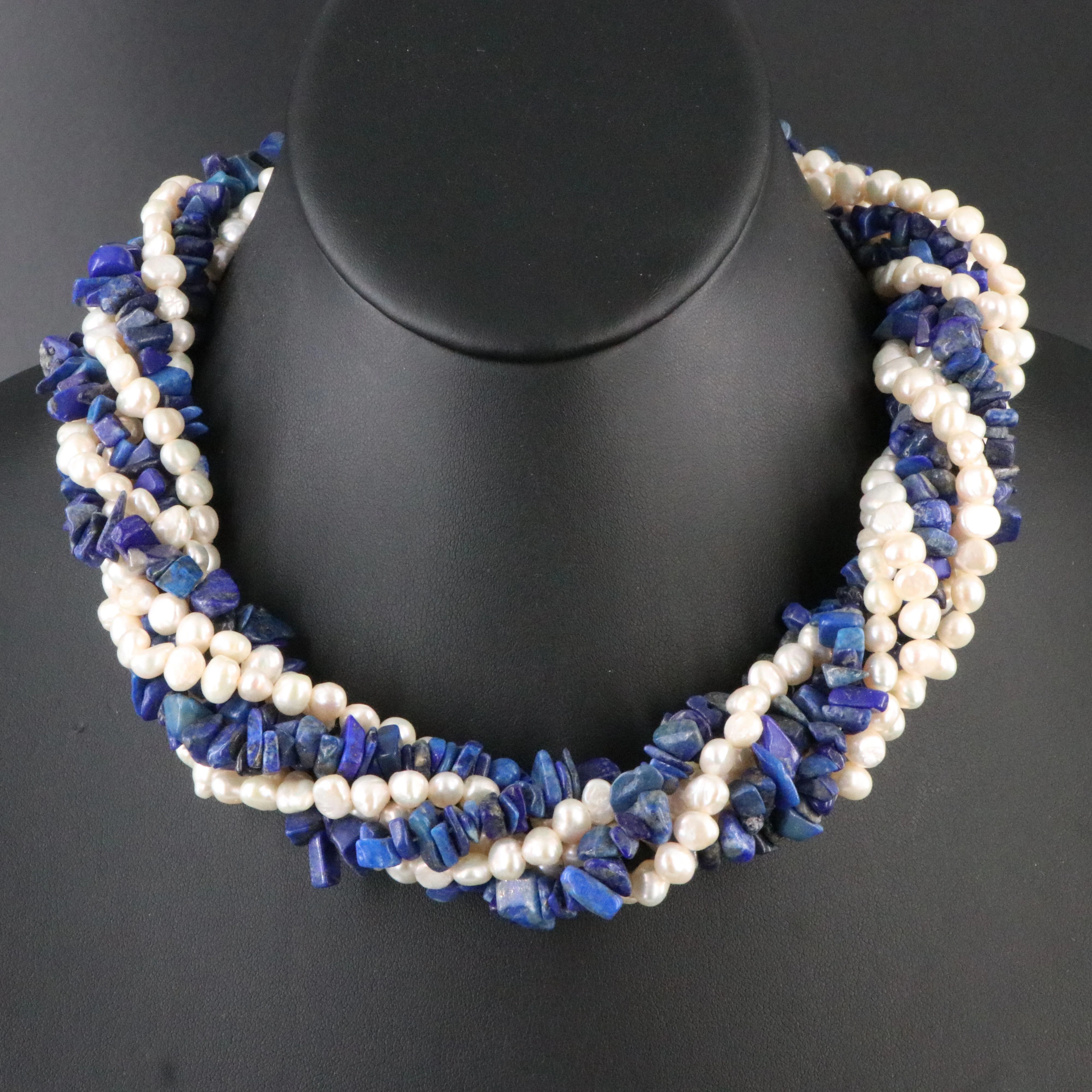 Sterling Lapis Lazuli and Pearl Seven Strand Necklace
