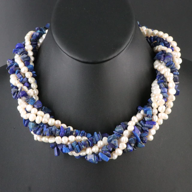 Sterling Lapis Lazuli and Pearl Seven Strand Necklace
