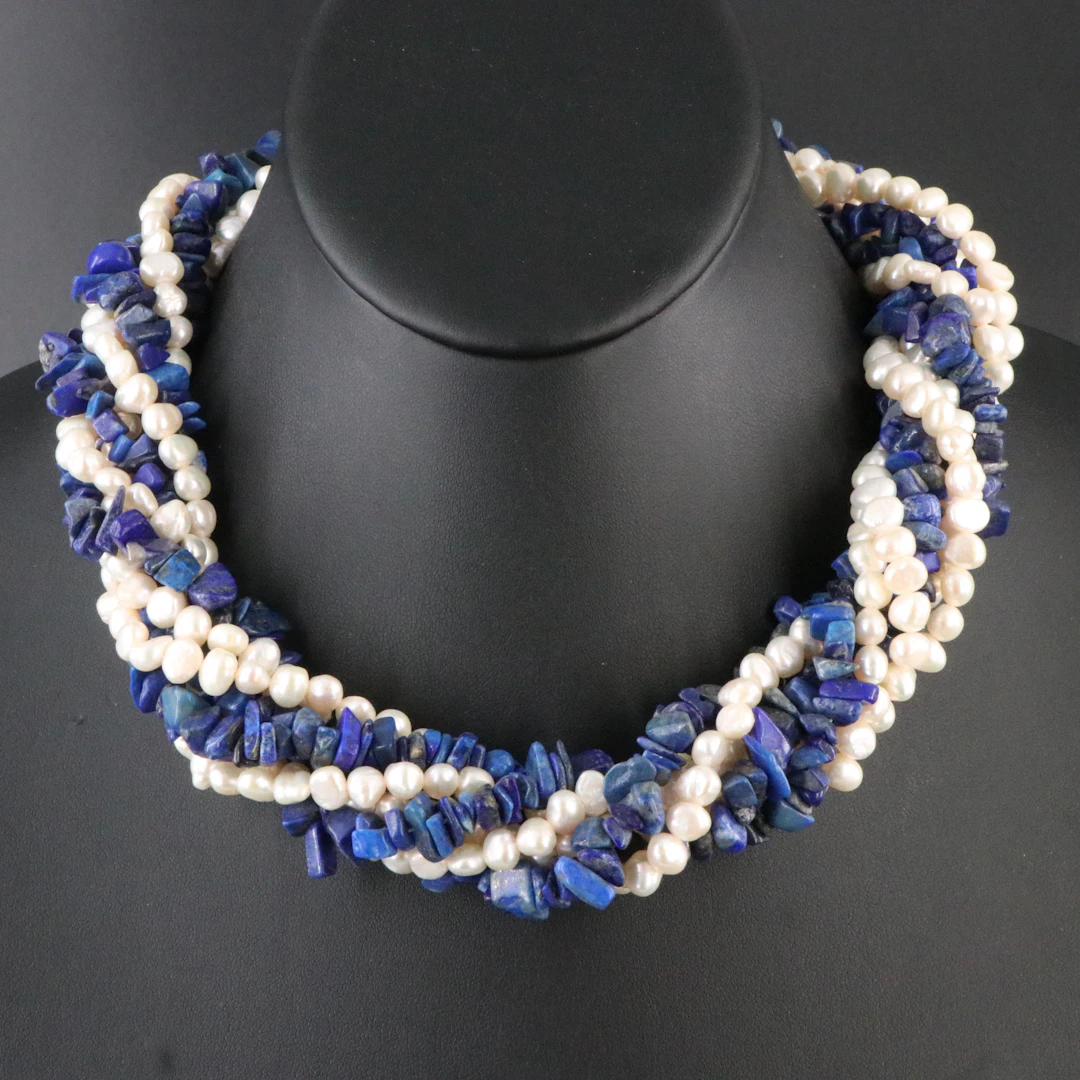 Sterling Lapis Lazuli and Pearl Seven Strand Necklace