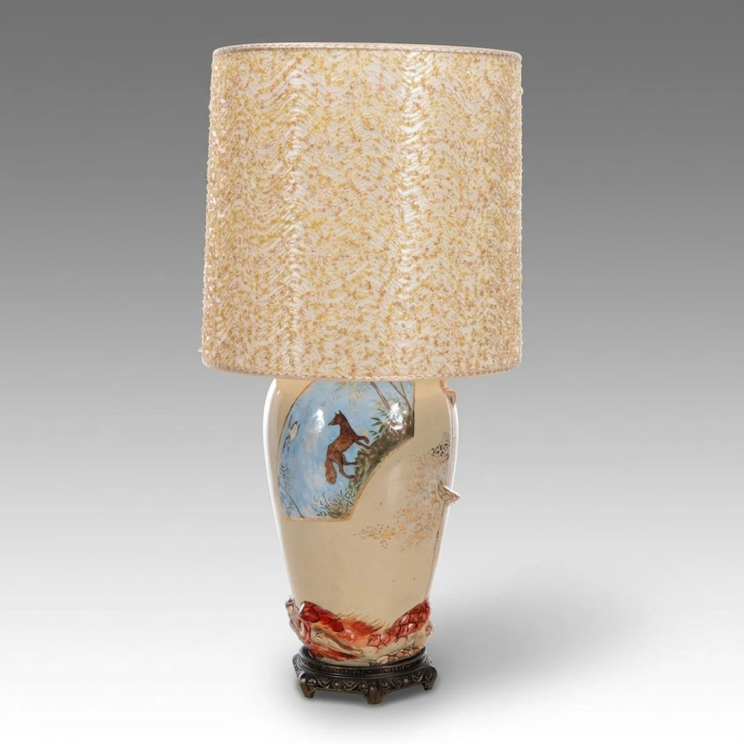 Hand-Painted Ceramic Table Lamp with Fox Scene and Drum Shade