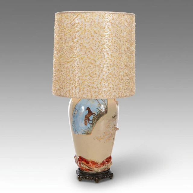 Hand-Painted Ceramic Table Lamp with Fox Scene and Drum Shade